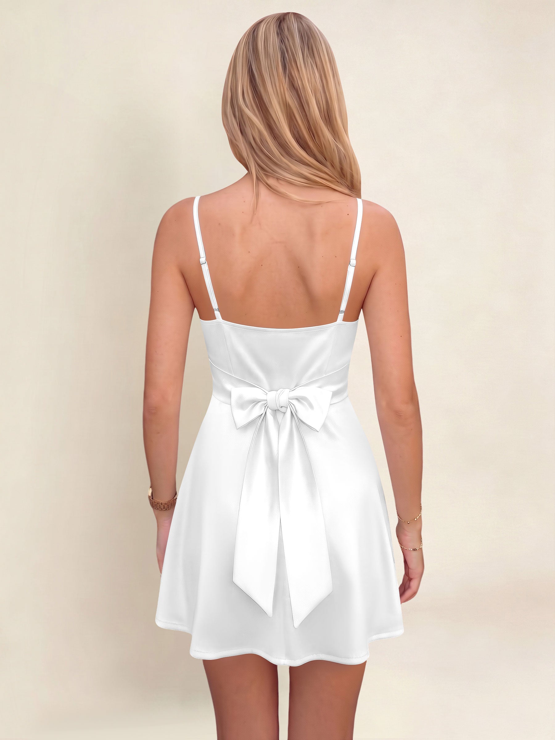 ROVDESY A-Line Spaghetti Strap Cowl Neck Satin Mini Homecoming Dress With Bow