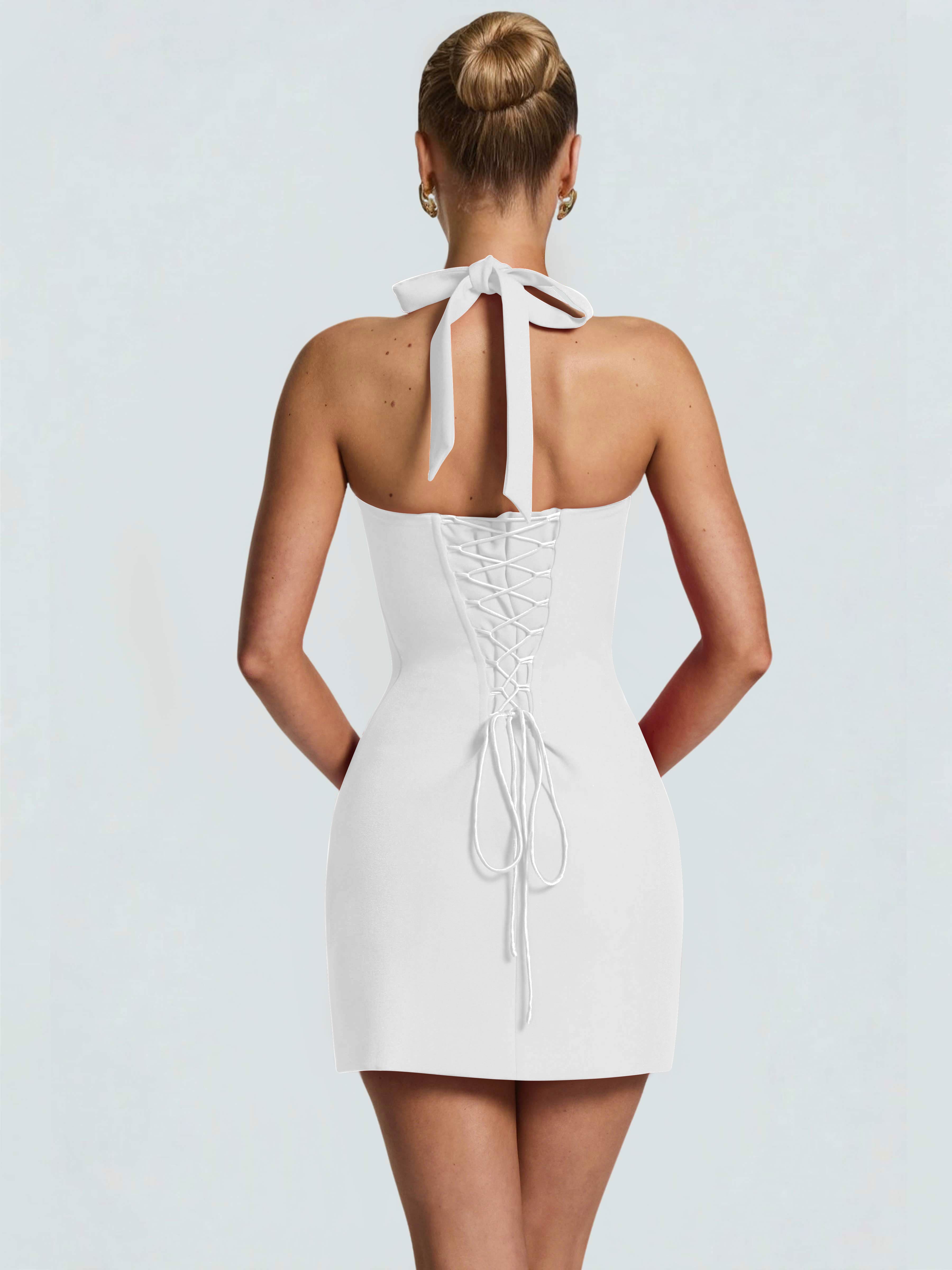 ROVDESY Halter Lace Satin Tight Homecoming Mini Dress
