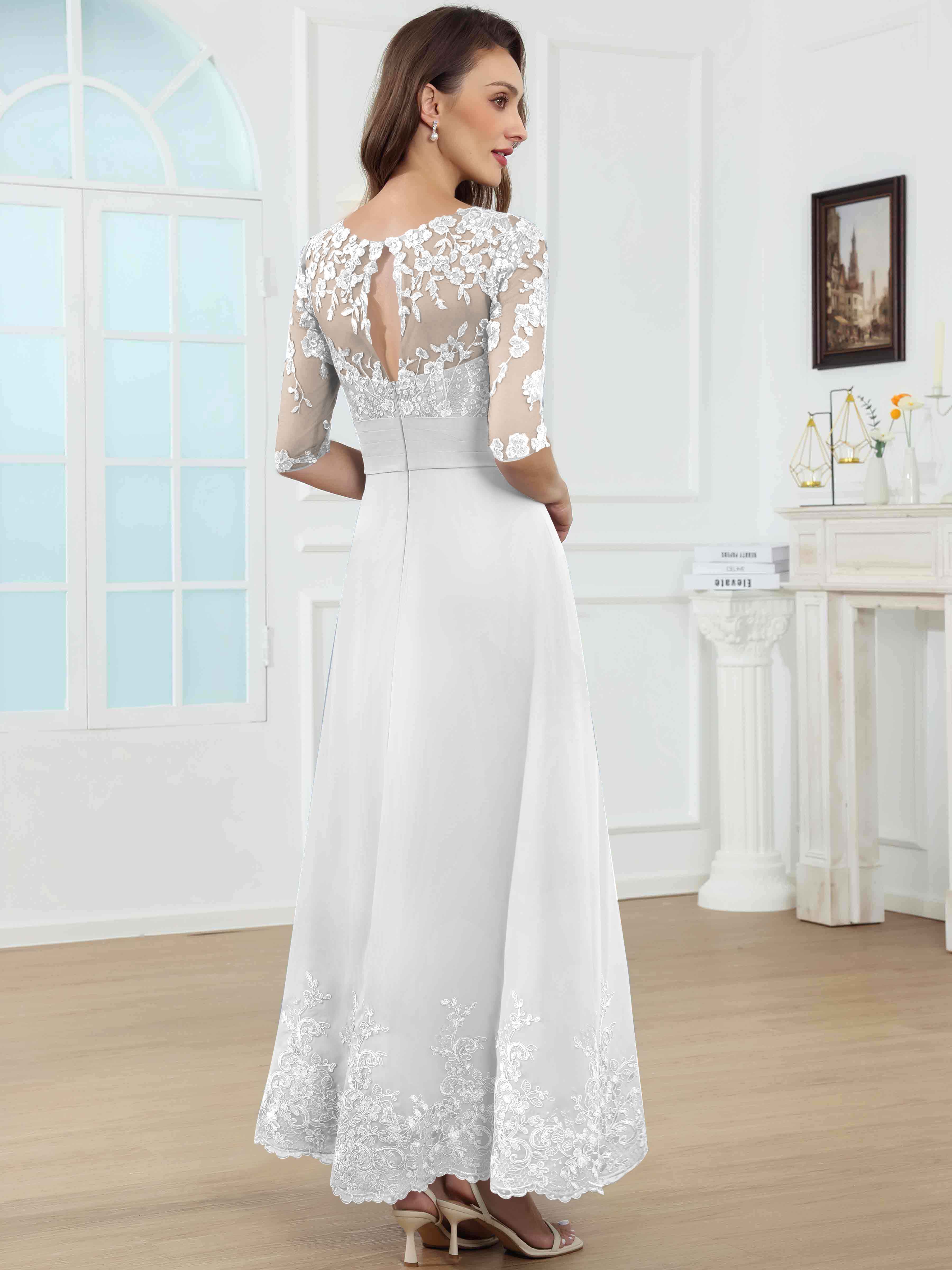 ROVDESY A-Line Lace Sequin Pleated Chiffon Mother Of The Bride Dress With Half Sleeves