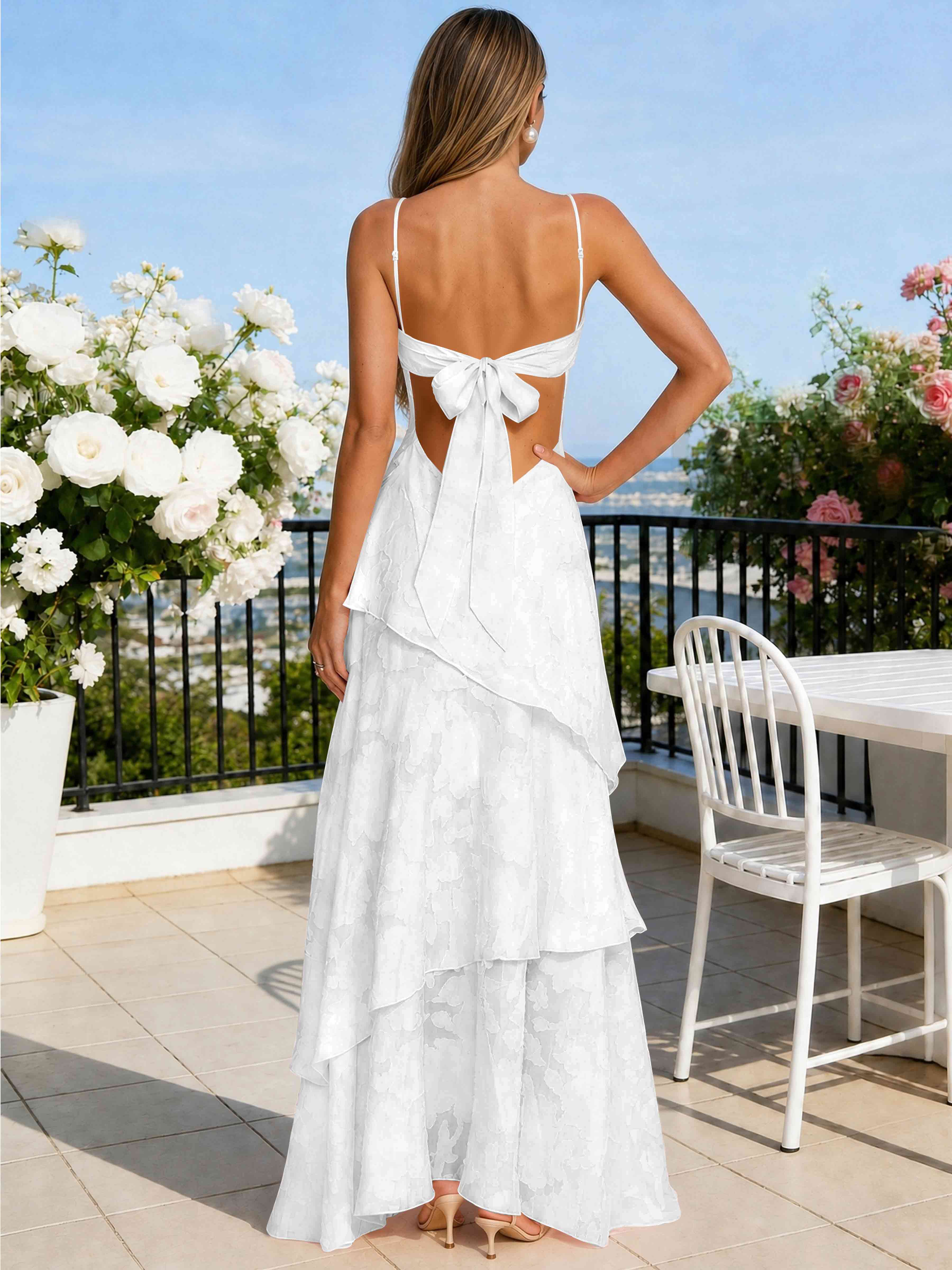 ROVDESY Spaghetti Strap V-Neck Chiffon Jacquard Tiered Ruffle Long Bridesmaid/Prom Dress