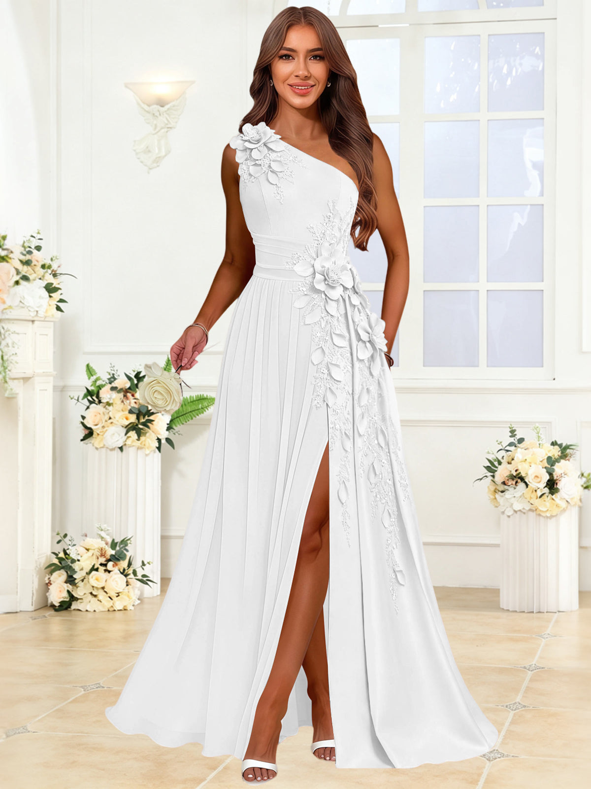One Shoulder 3D Flower Chiffon Bridesmaid Dress with Slit