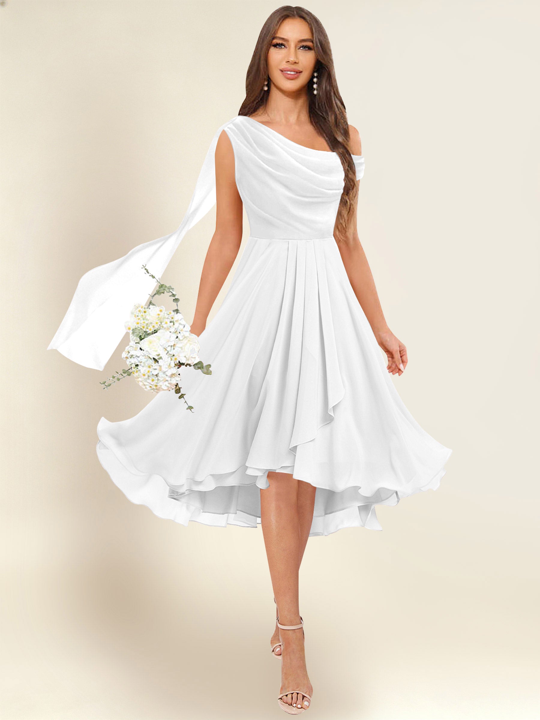 ROVDESY A-Line One Shoulder Pleated Chiffon Bridesmaid Dress With Flowing Sash
