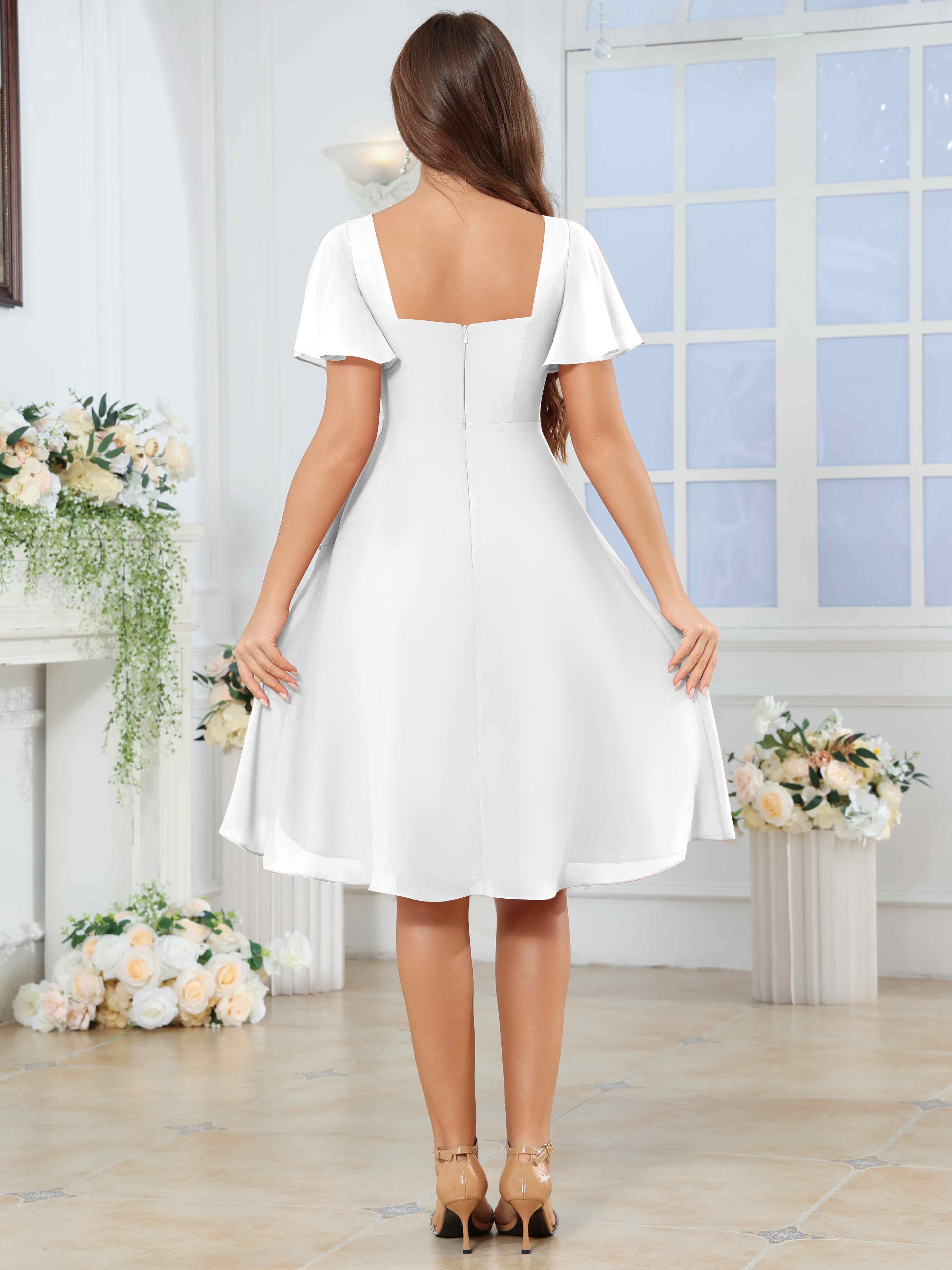 ROVDESY Knee Length V-Neck Pleated Chiffon Bridesmaid Dress With Short Sleeves