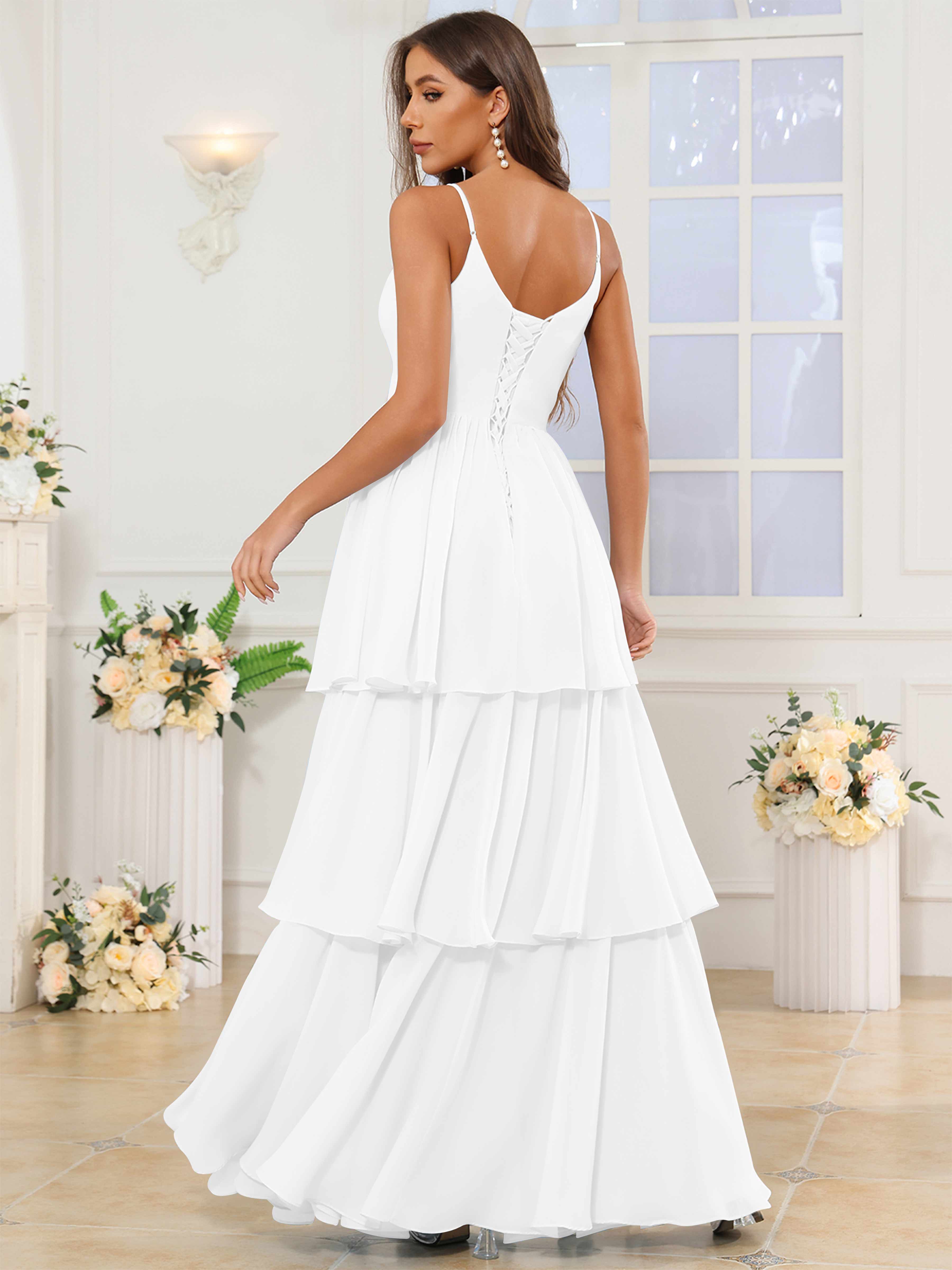 ROVDESY V-Neck Spaghetti Straps Tiered Chiffon Bridesmaid Dress With Ruffles