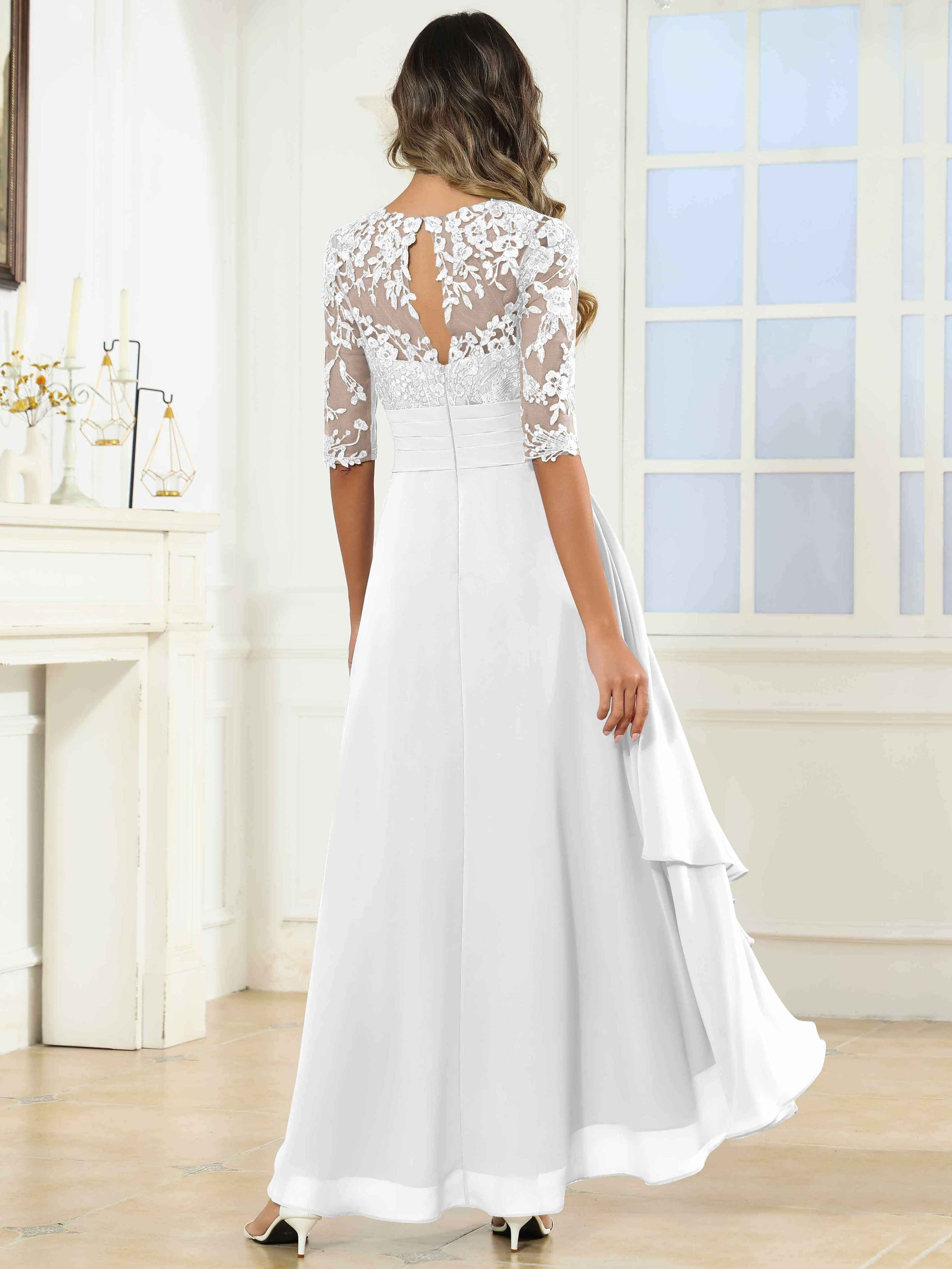 ROVDESY Tea Length A-Line Lace Chiffon Mother Of The Bride Dress With Half Sleeves