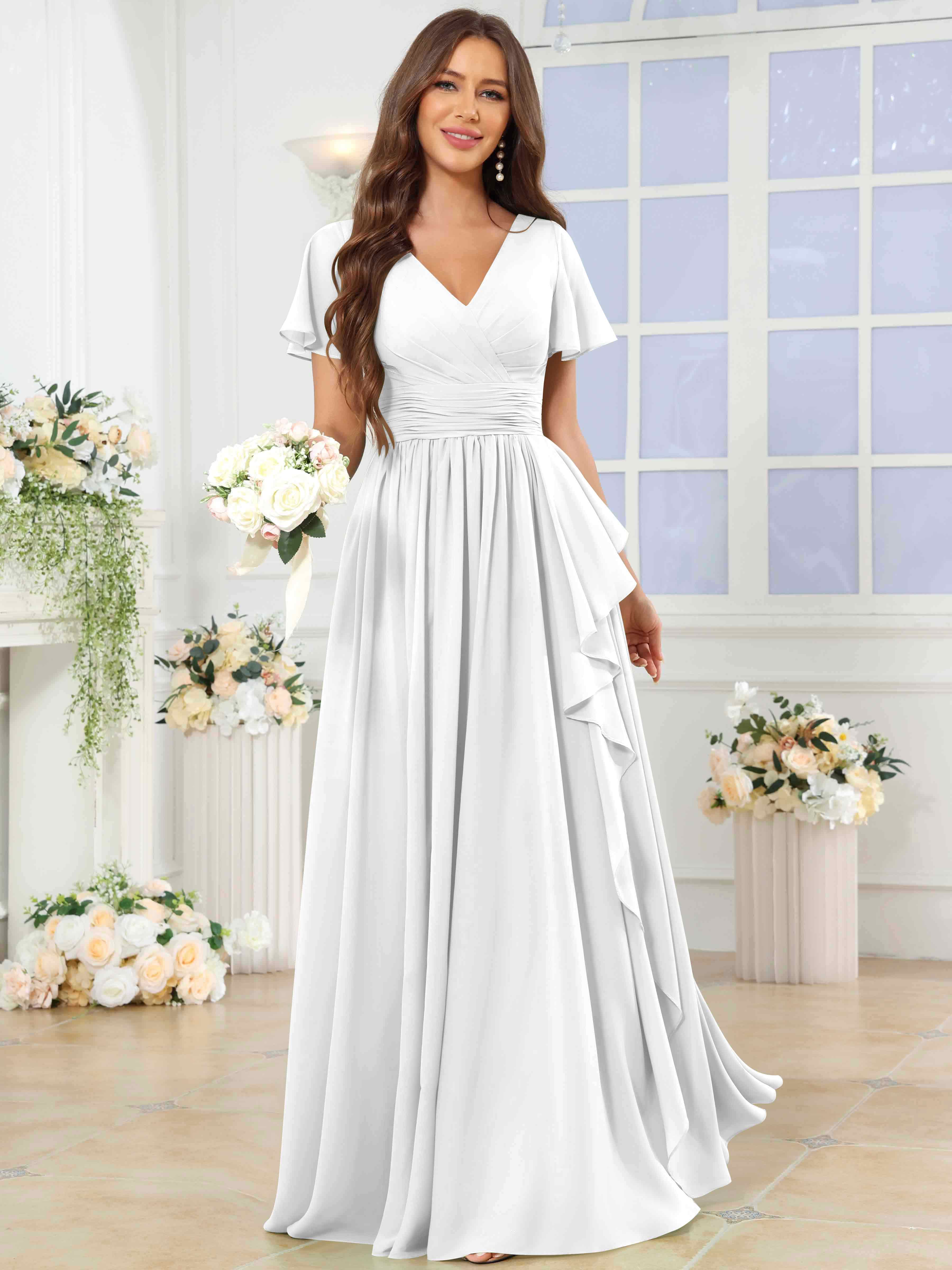 ROVDESY A-Line V-Neck Slit Pleated Ruffle Chiffon Bridesmaid Dress With Short Sleeves
