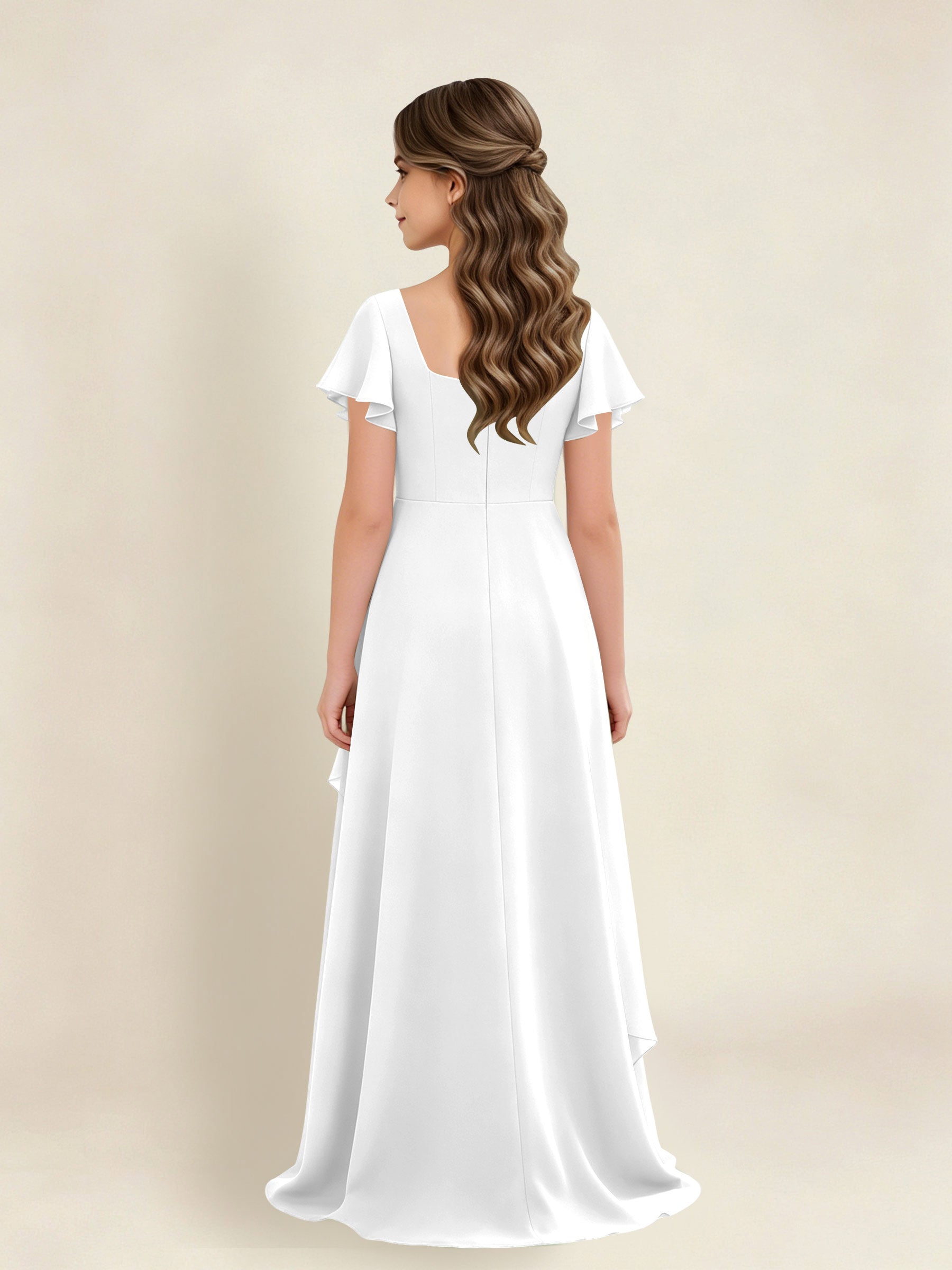 ROVDESY A-Line Square Neck Ruffle Chiffon Junior Bridesmaid Dress With Short Sleeves