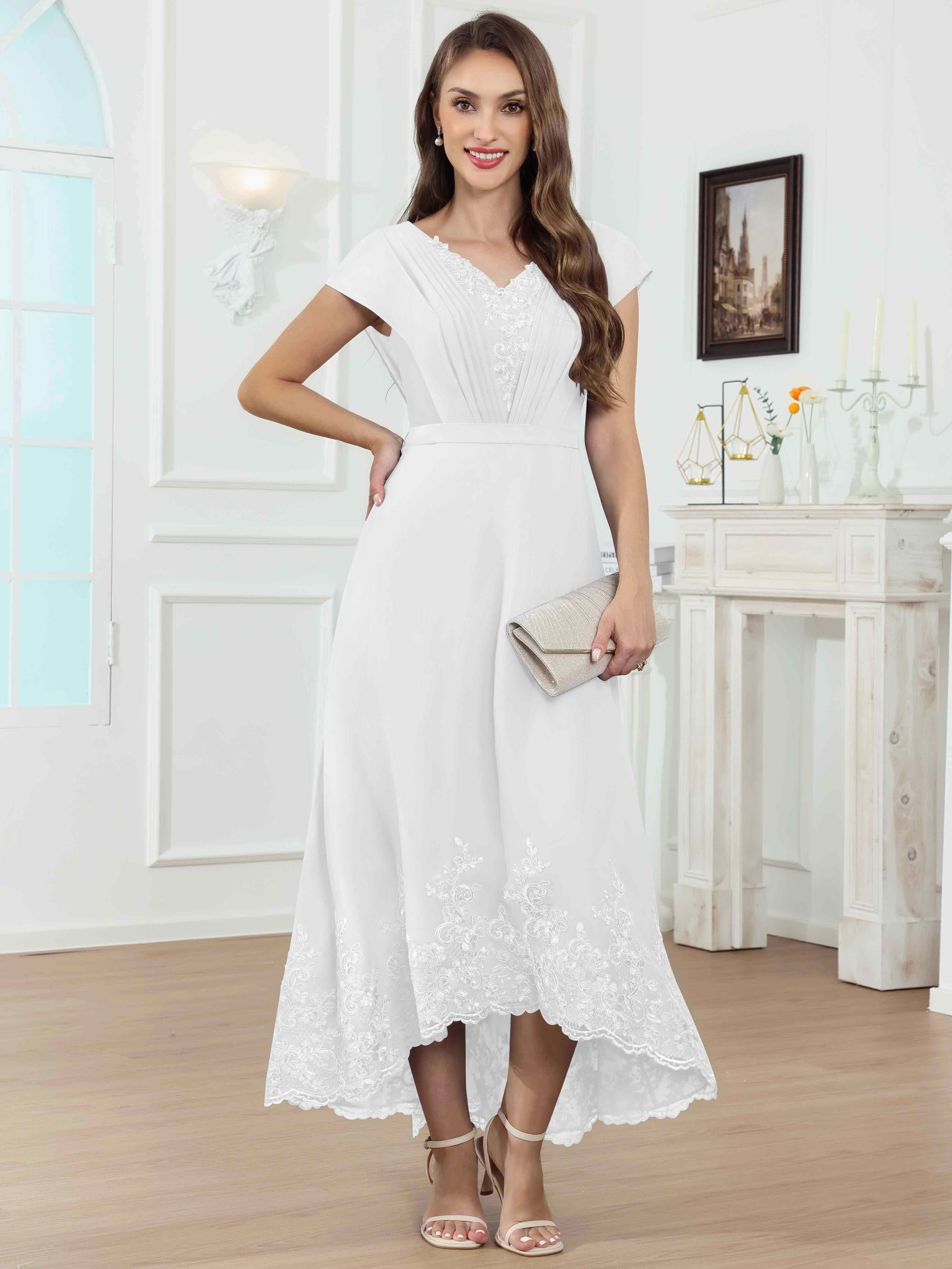 ROVDESY Tea Length High-Low V-Neck Ruched Lace Chiffon Mother of The Bride Dress for Women