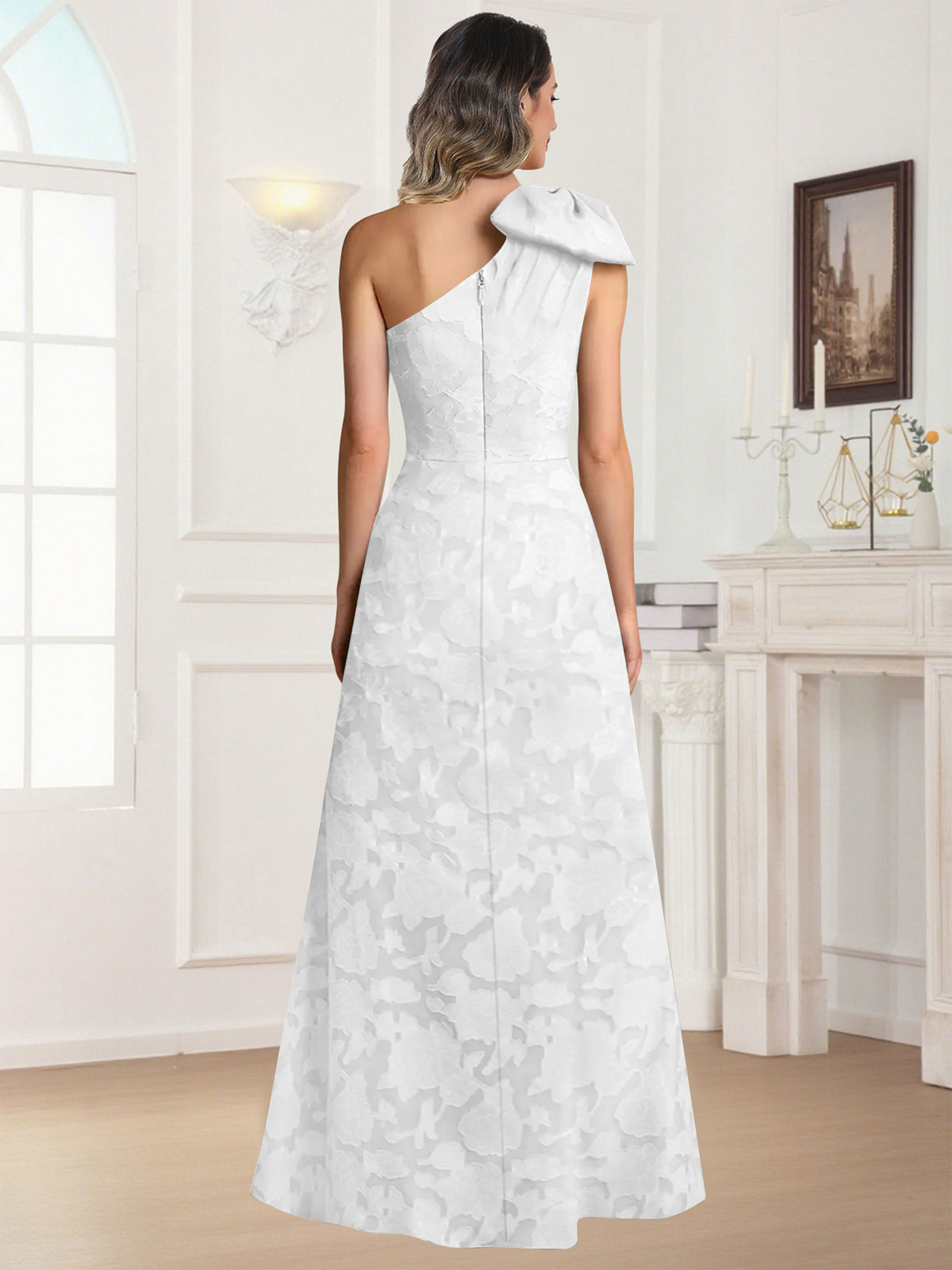 One Shoulder Floral Jacquard Mother of the Bride Dress