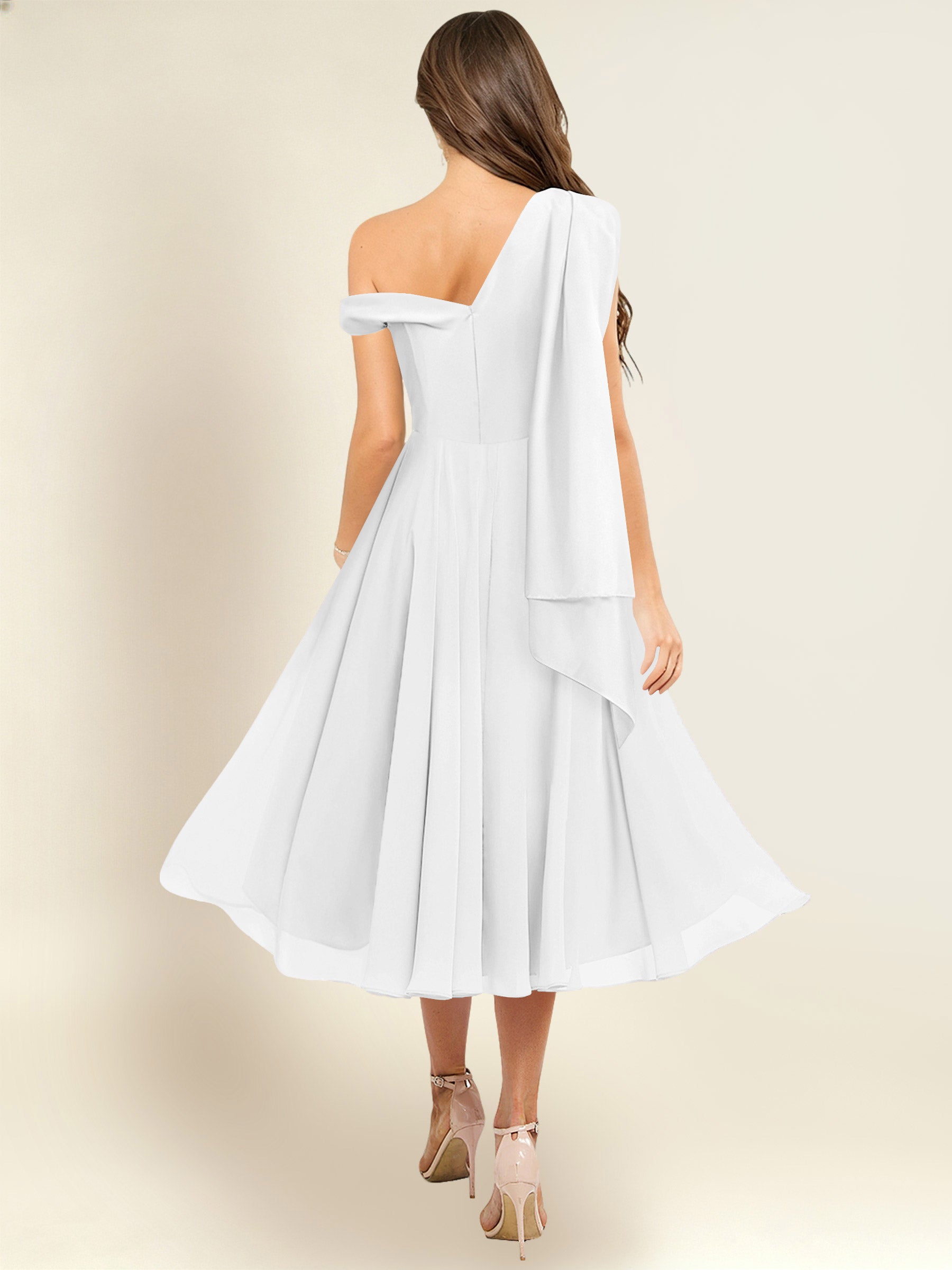 ROVDESY A-Line One Shoulder Pleated Chiffon Bridesmaid Dress With Flowing Sash