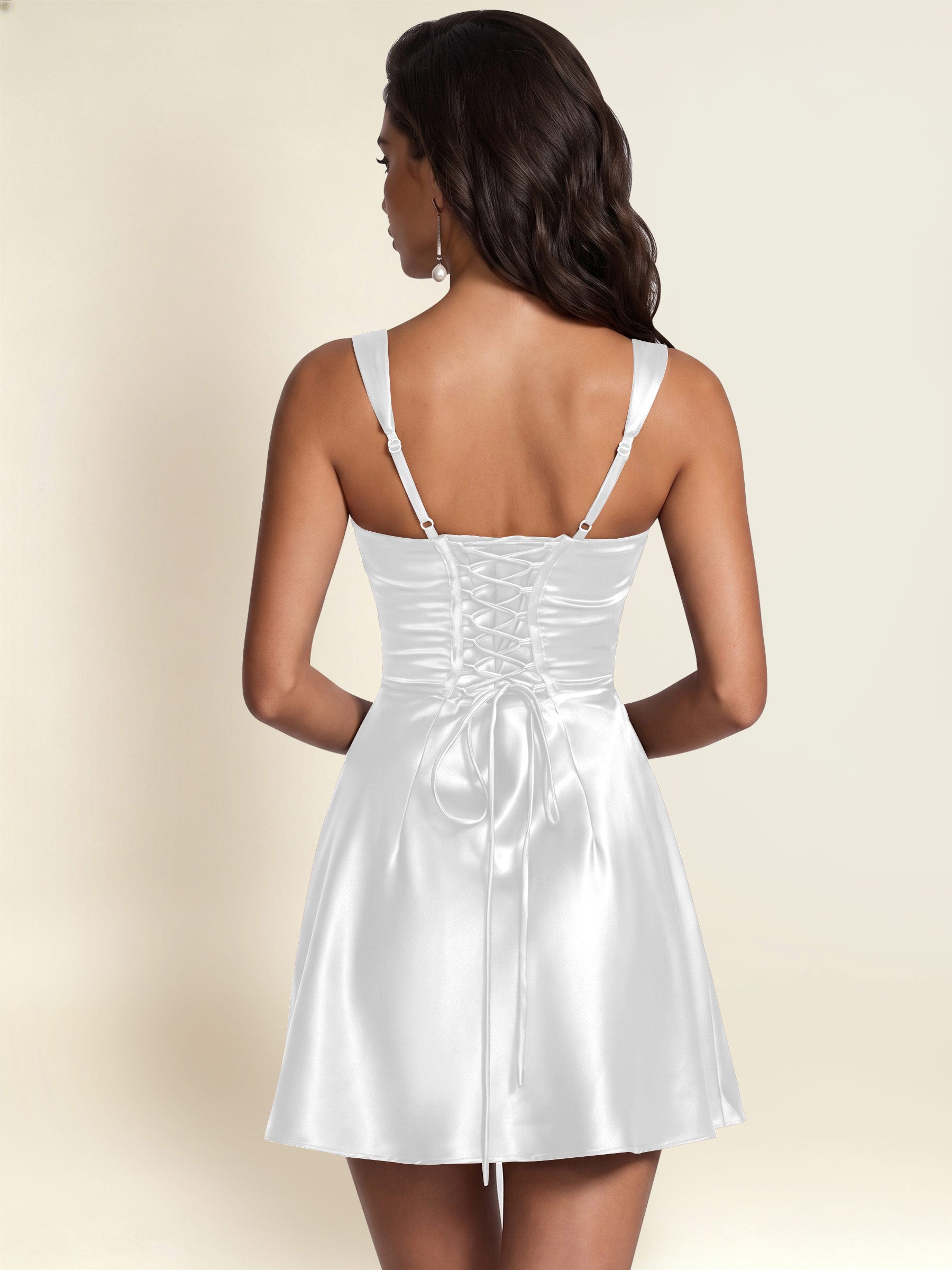 ROVDESY Square Neck Pleated Satin Homecoming Mini Dress