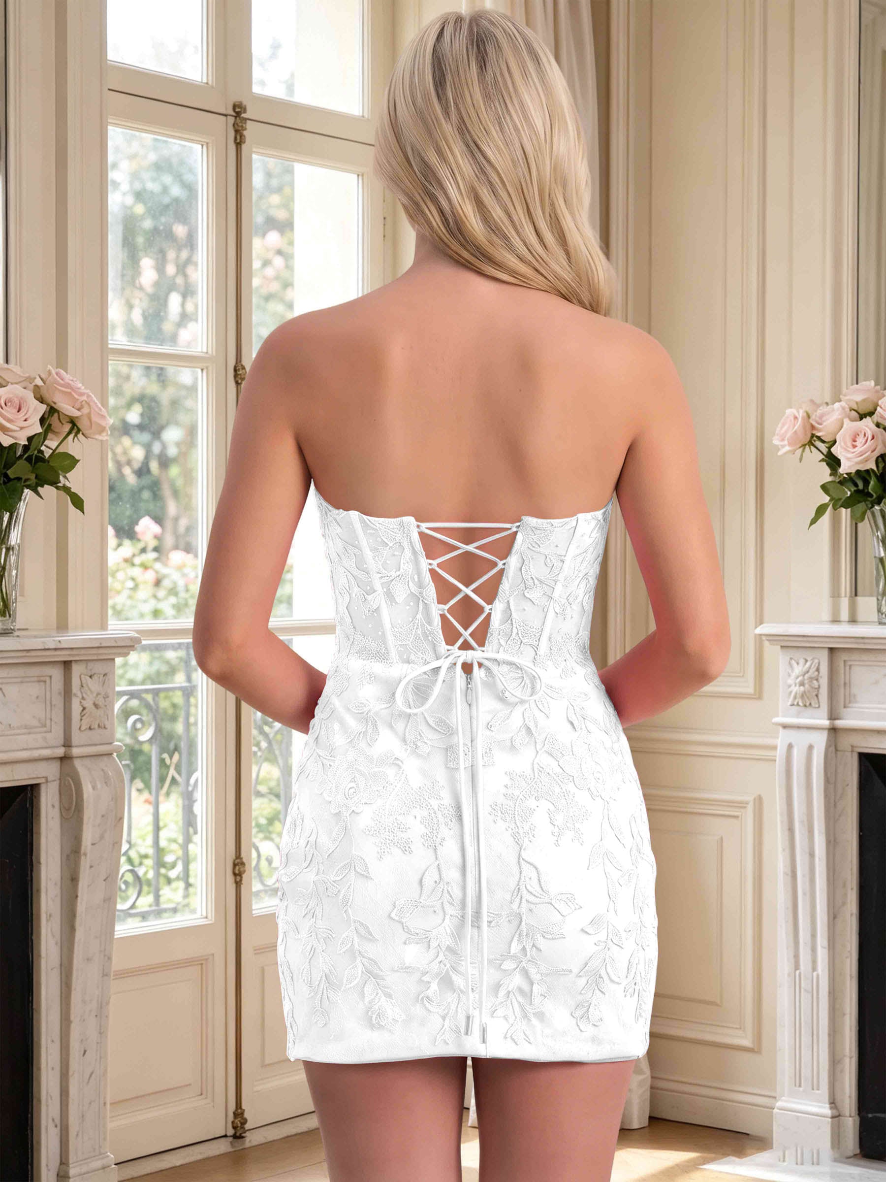 ROVDESY Strapless Sweetheart Floral Lace Tight Homecoming Mini Dress