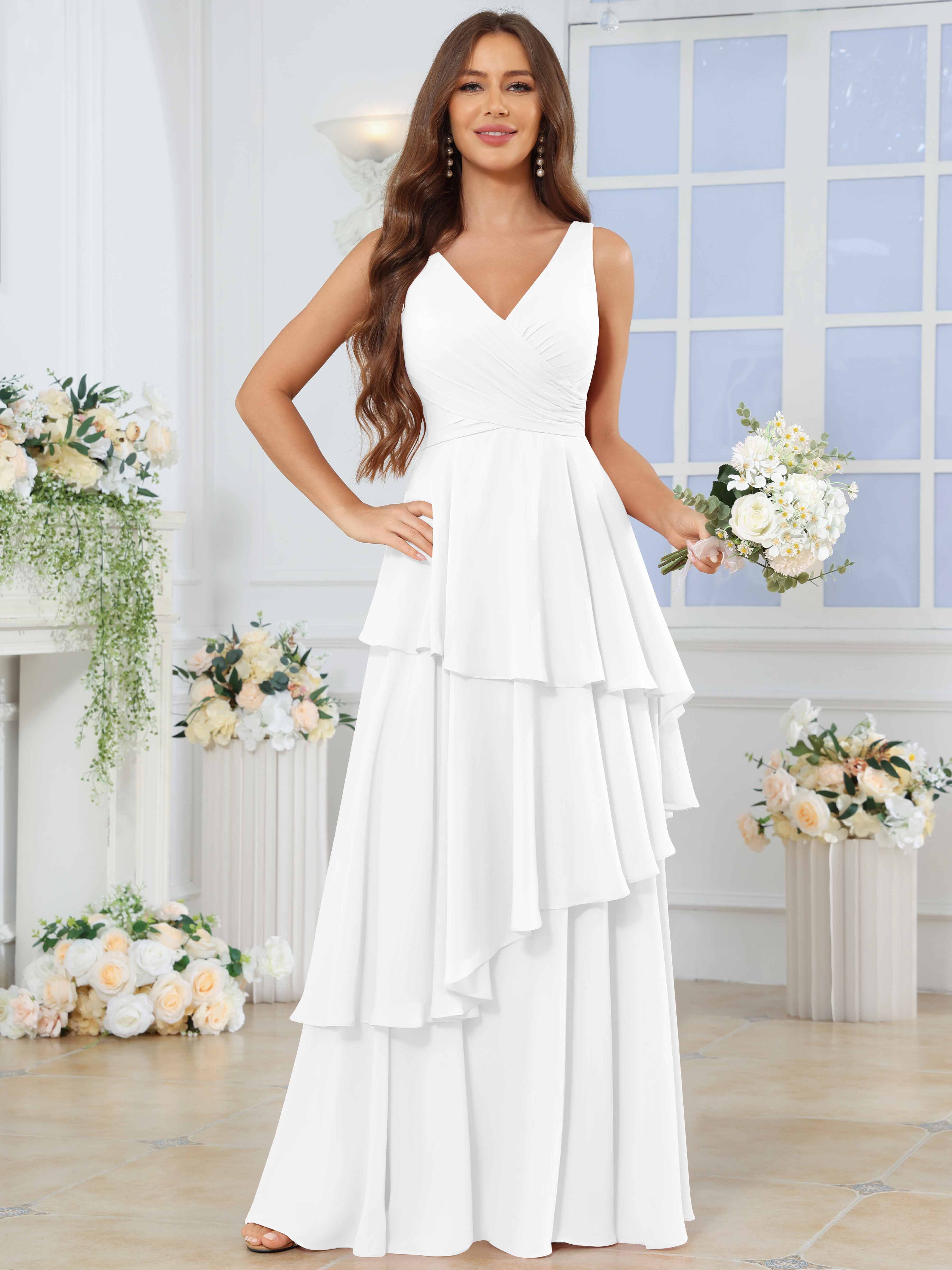 ROVDESY Long Sleeveless V-Neck Tiered Pleated Chiffon Bridesmaid Dress