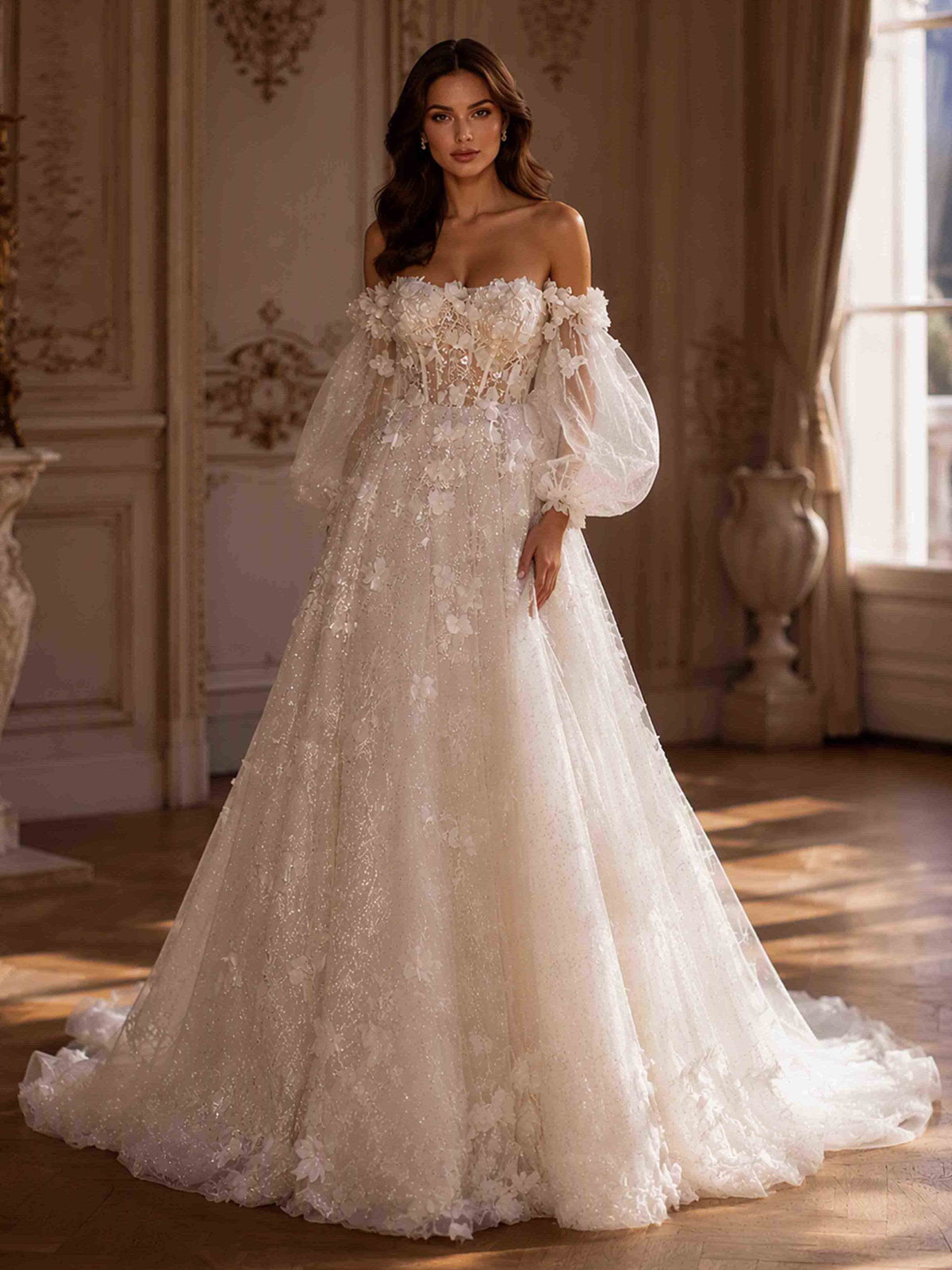 Off The Shoulder Long Sleeve Ball Gown 3D Flower Wedding Dress with Train