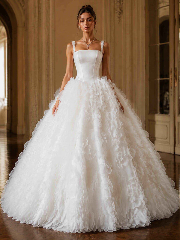 Satin Square Neck Wedding Dress 3D Flower Ball Gown Bridal Gown