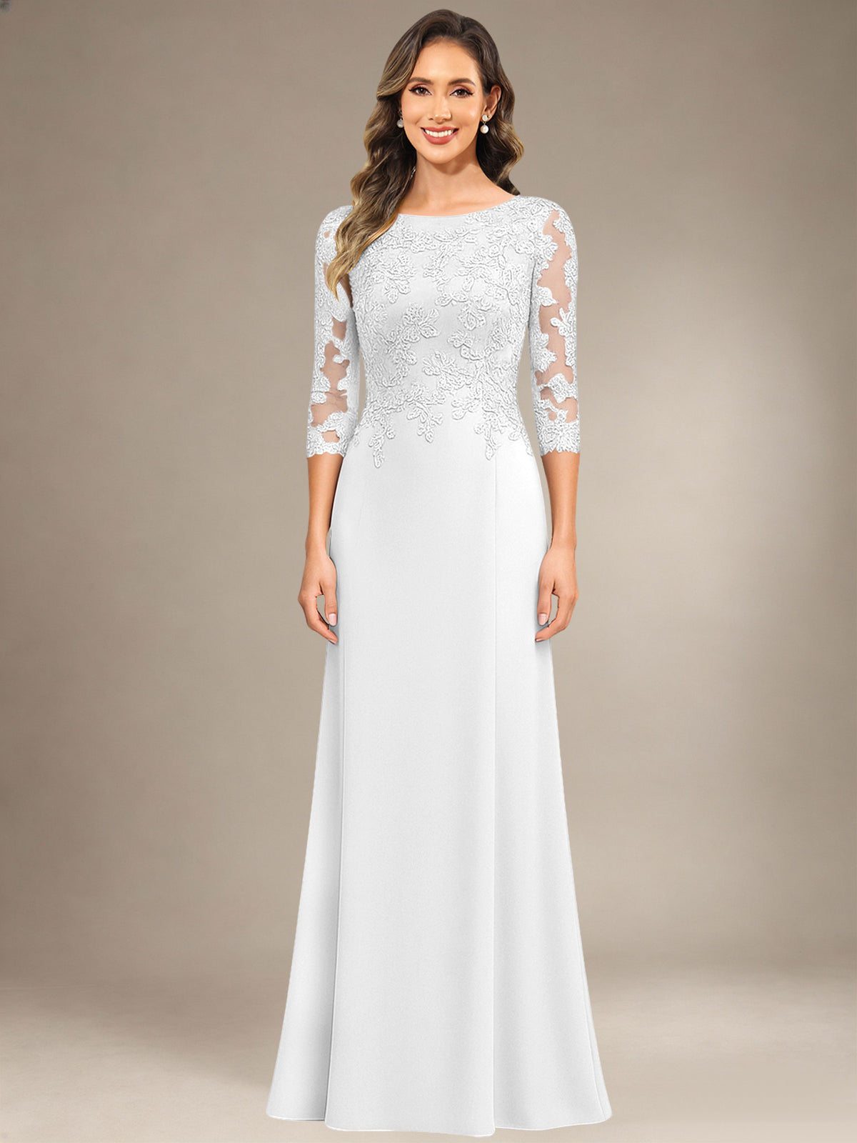 Bateau Neck Chiffon Lace Mermaid Mother of the Bride Dress with 3/4 Sleeves