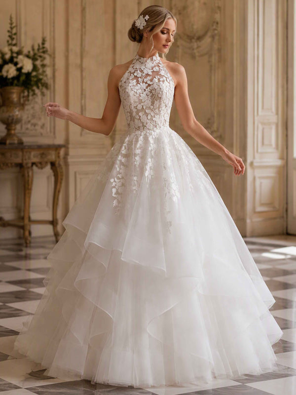 Halter Neck Lace Wedding Dress Tiered Puffy Bridal Gown