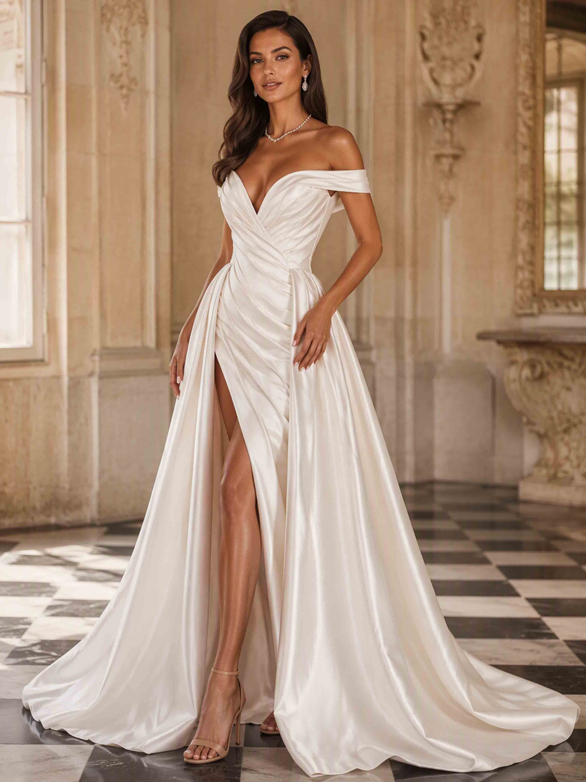 Satin Off The Shoulder Wedding Dress Side Slit Strapless Bridal Gown