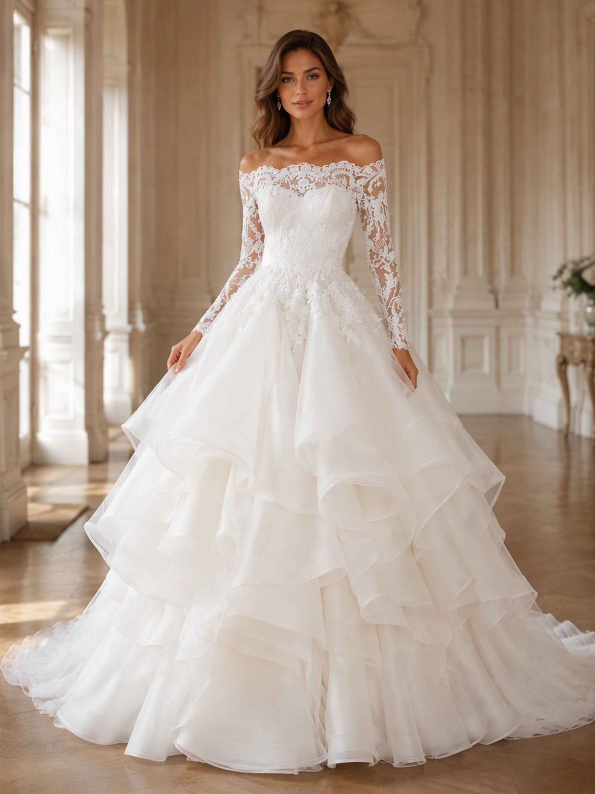 Off Shoulder Lace Wedding Dress Long Sleeve Tiered Bridal Gown