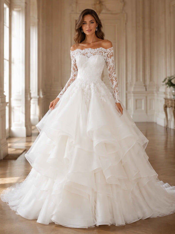 Off Shoulder Lace Wedding Dress Long Sleeve Tiered Bridal Gown