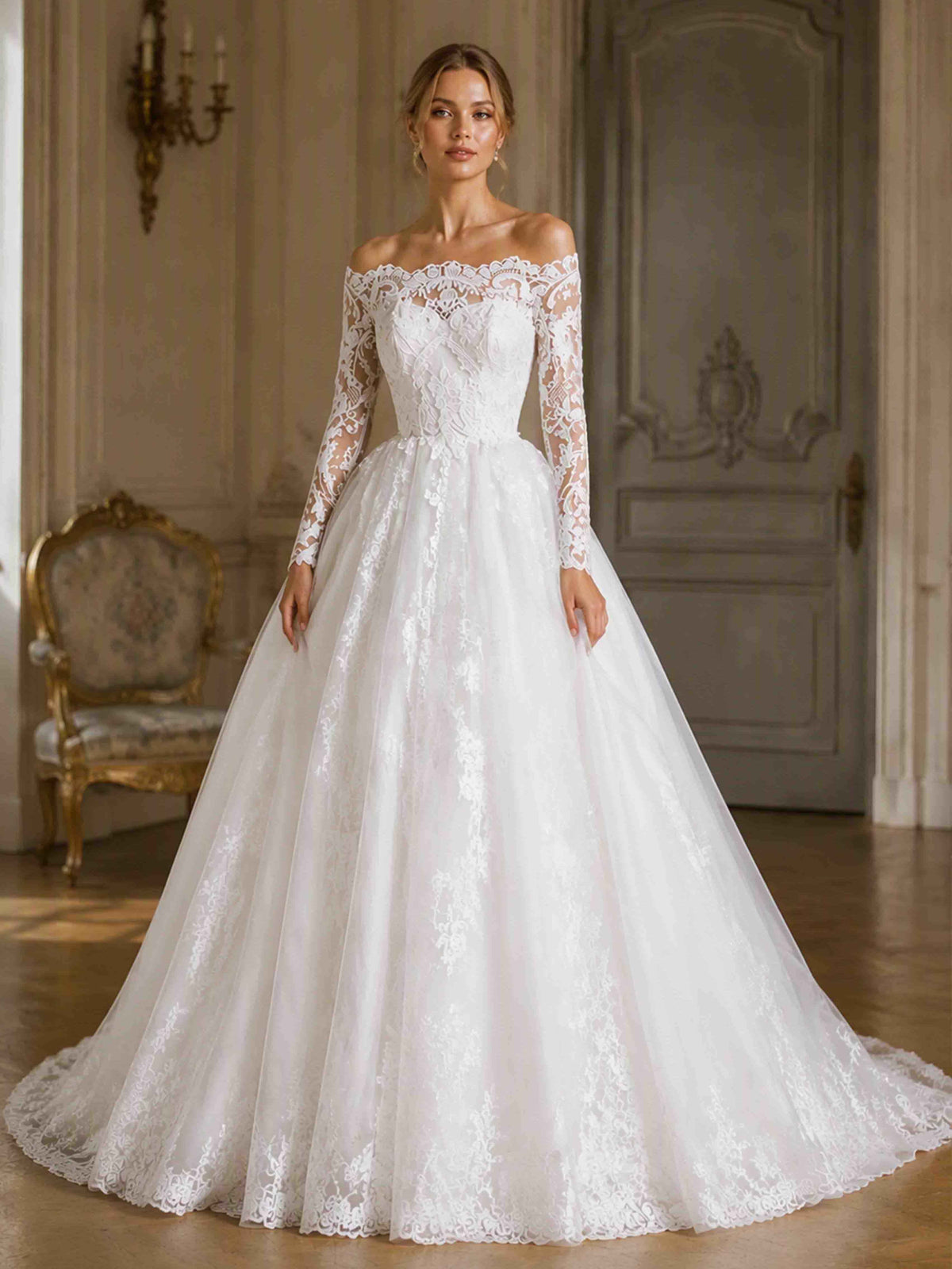 Long Sleeve Lace Wedding Dress for Women Sweep Train