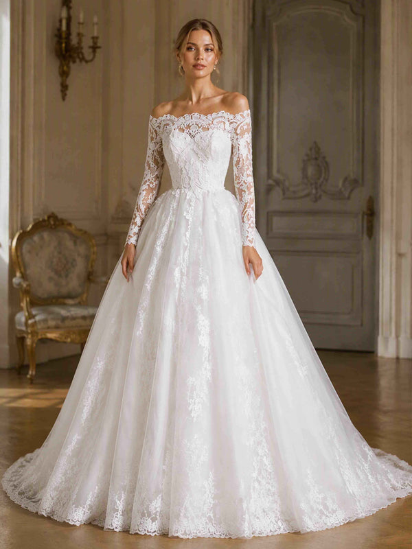 Long Sleeve Lace Wedding Dress for Women Sweep Train