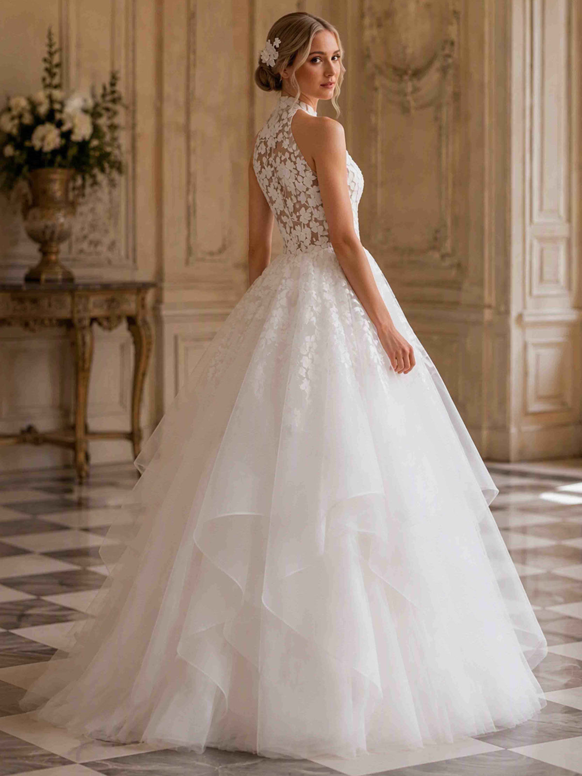 Halter Neck Lace Wedding Dress Tiered Puffy Bridal Gown