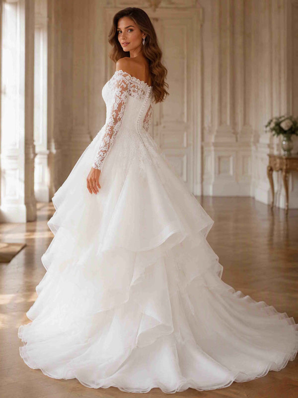 Off Shoulder Lace Wedding Dress Long Sleeve Tiered Bridal Gown