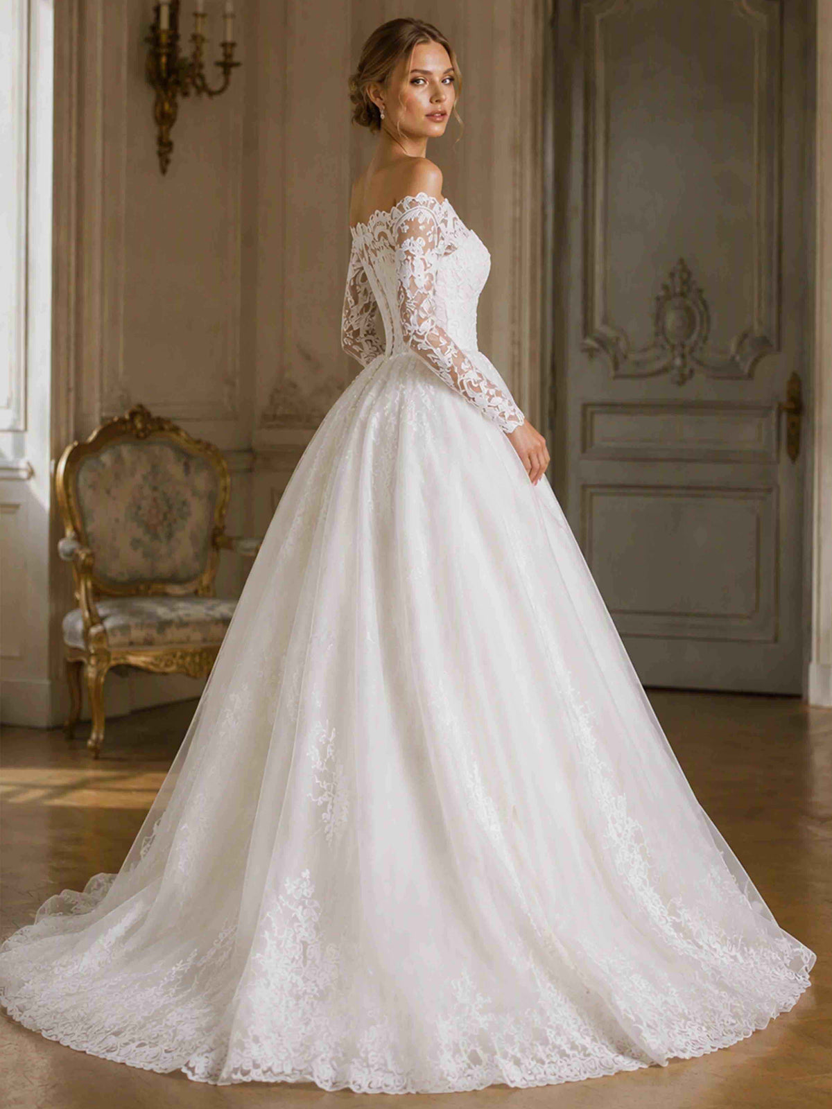 Long Sleeve Lace Wedding Dress for Women Sweep Train