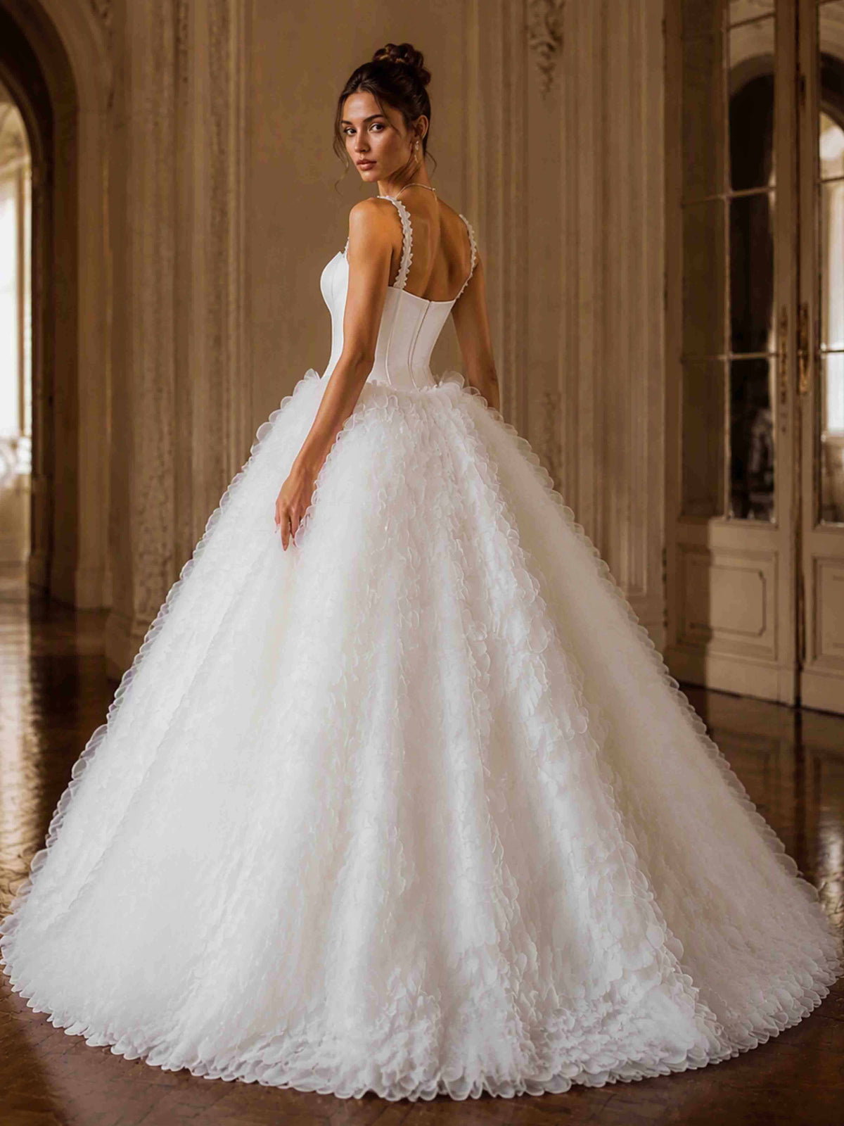 Satin Square Neck Wedding Dress 3D Flower Ball Gown Bridal Gown