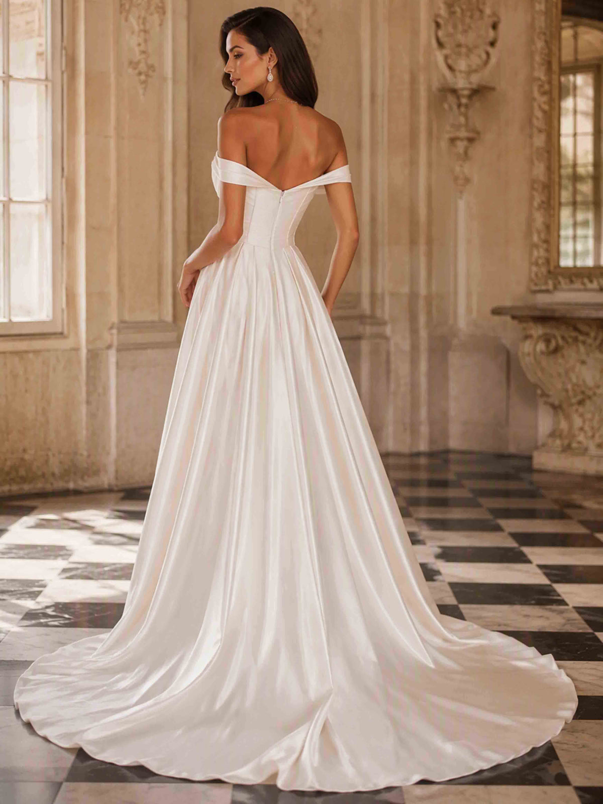 Satin Off The Shoulder Wedding Dress Side Slit Strapless Bridal Gown