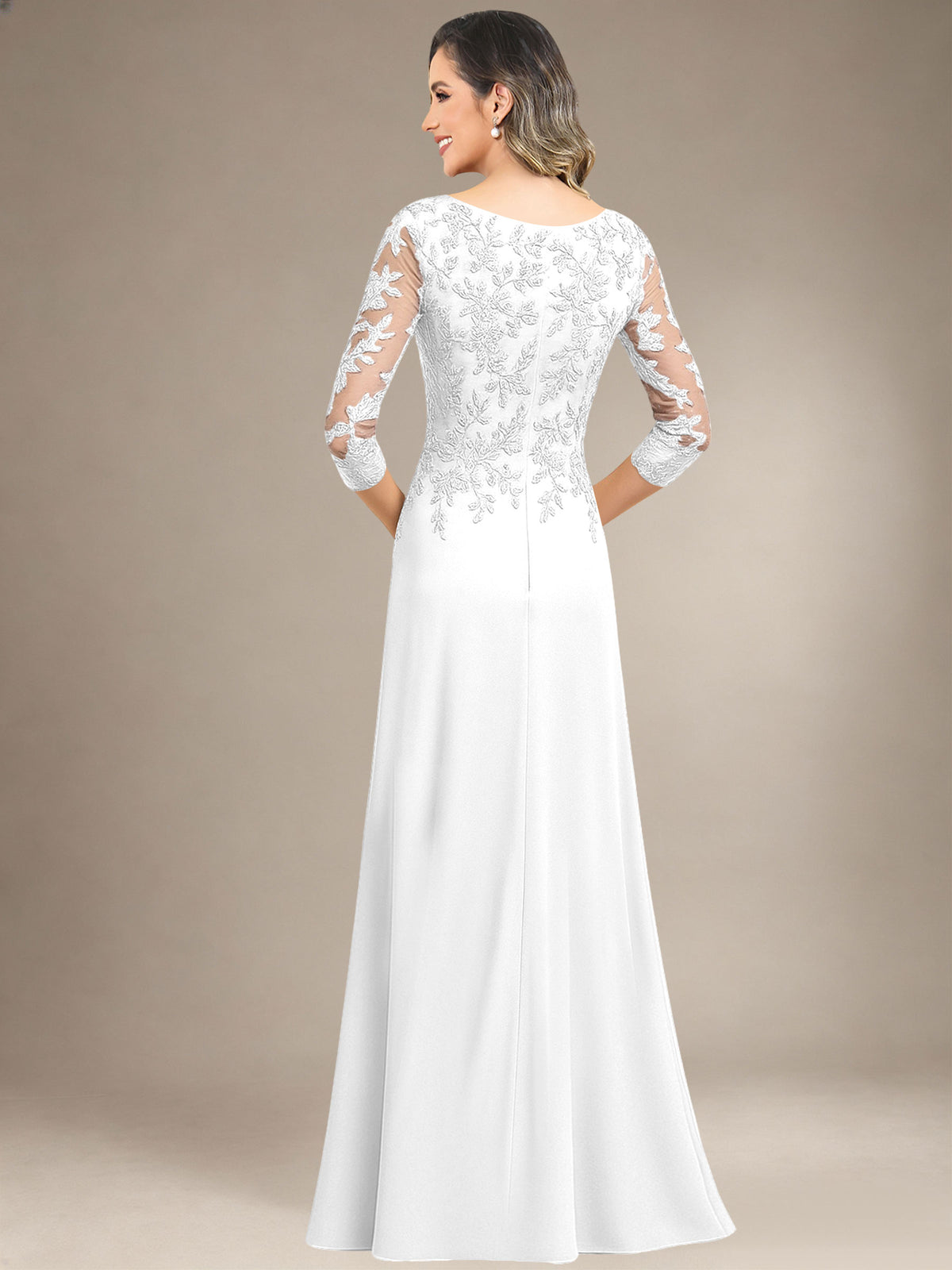 Bateau Neck Chiffon Lace Mermaid Mother of the Bride Dress with 3/4 Sleeves