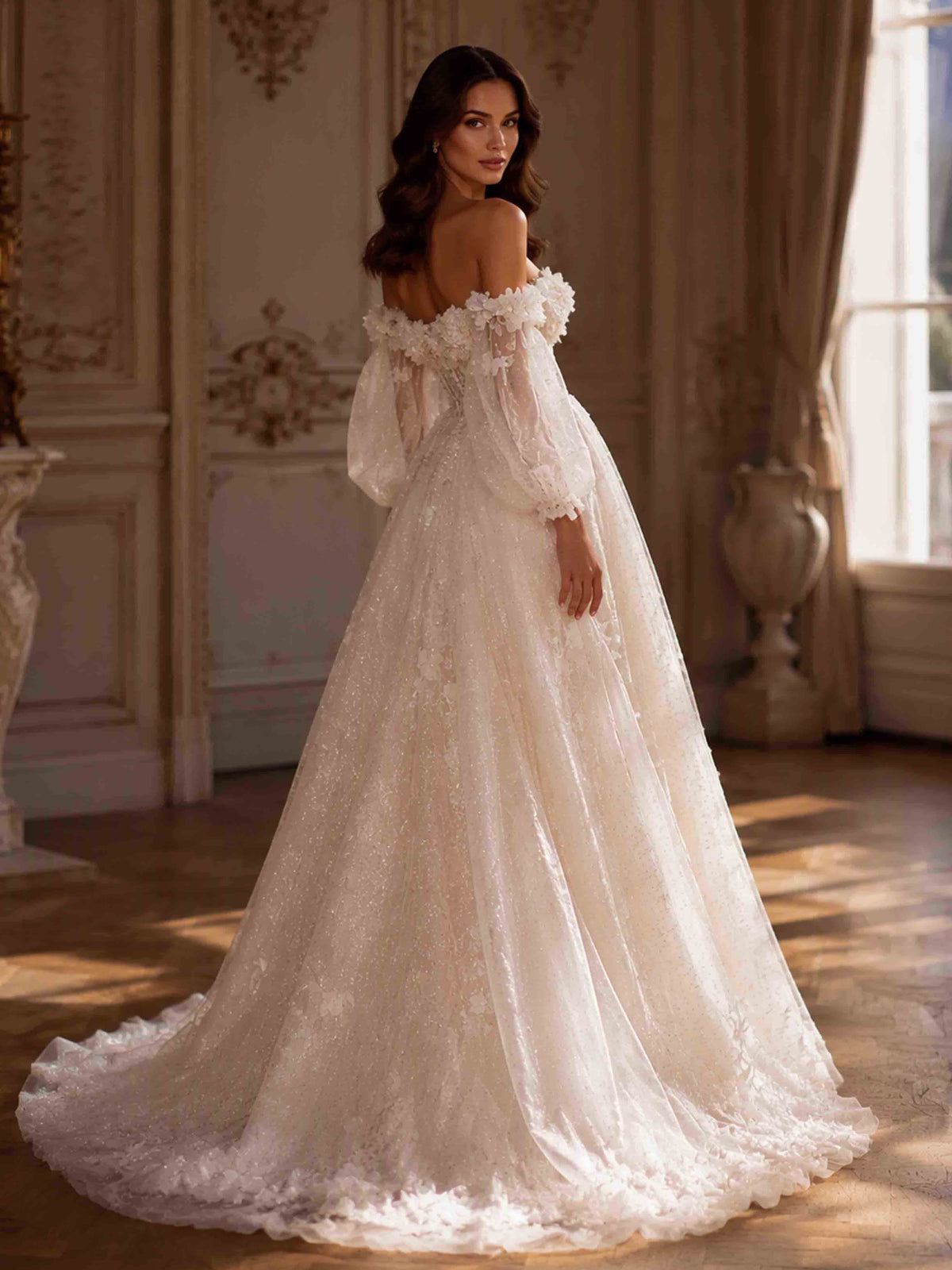 Off The Shoulder Long Sleeve Ball Gown 3D Flower Wedding Dress with Train