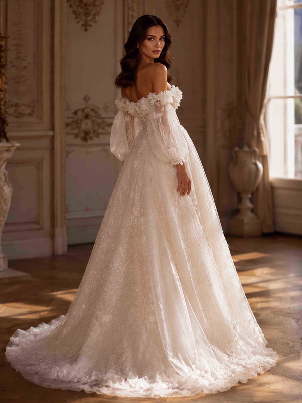 Off The Shoulder Long Sleeve Ball Gown 3D Flower Wedding Dress with Train