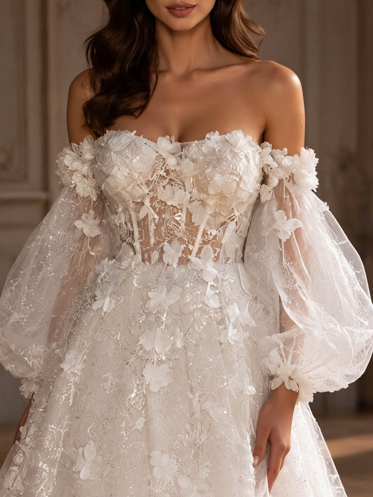 Off The Shoulder Long Sleeve Ball Gown 3D Flower Wedding Dress with Train