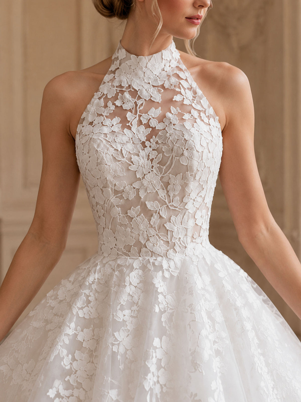 Halter Neck Lace Wedding Dress Tiered Puffy Bridal Gown