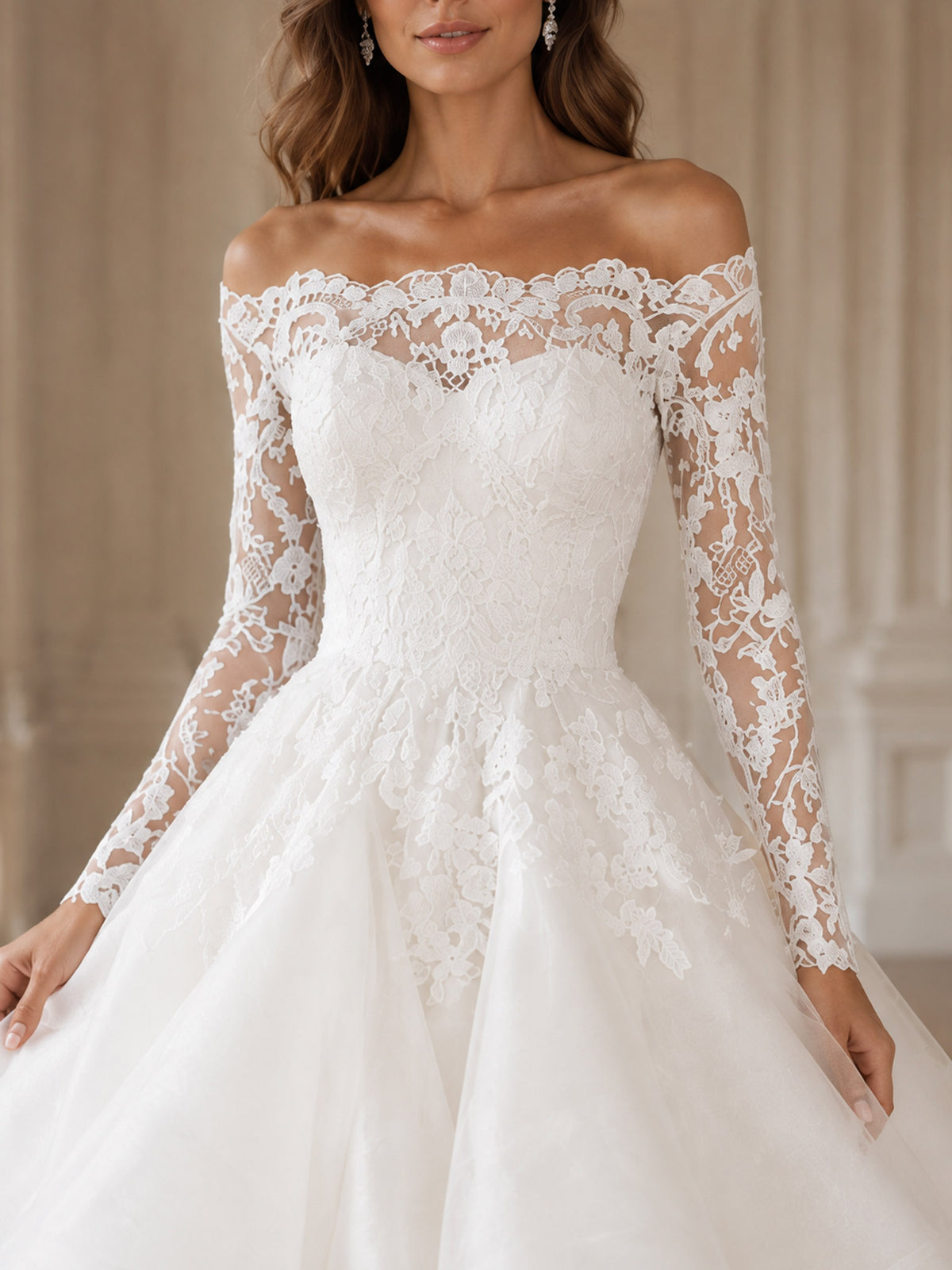 Off Shoulder Lace Wedding Dress Long Sleeve Tiered Bridal Gown