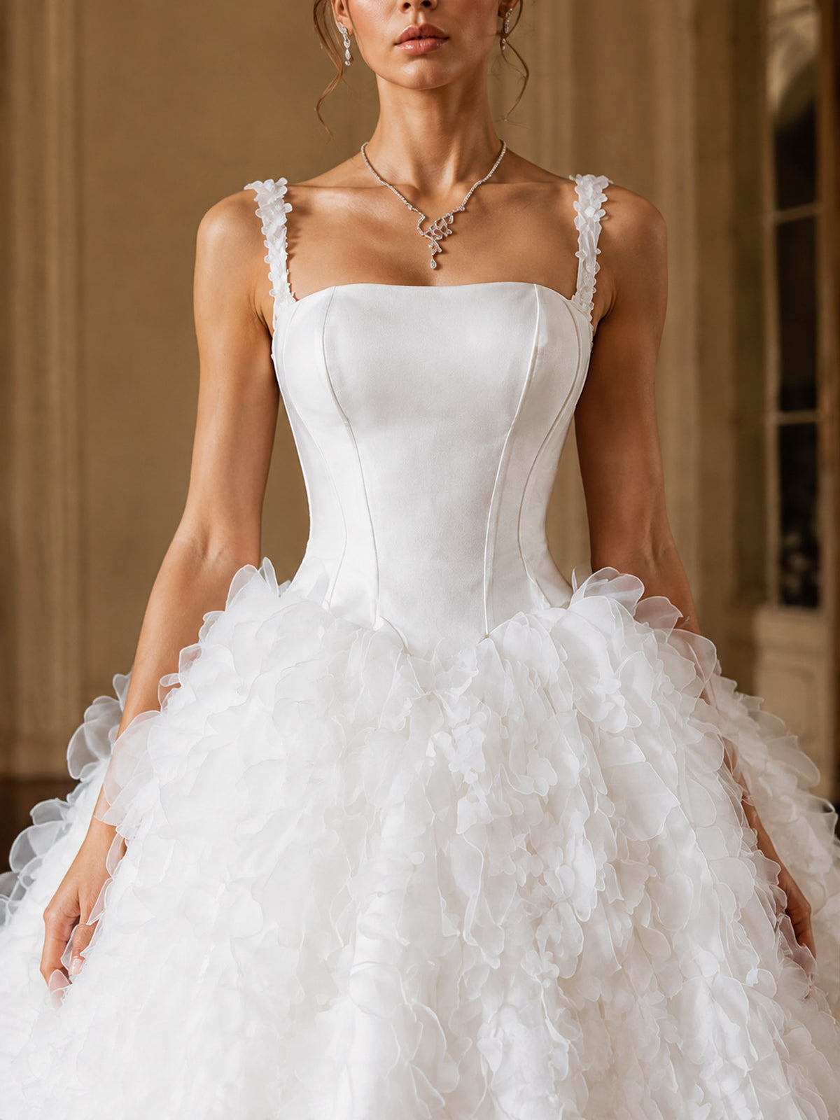 Satin Square Neck Wedding Dress 3D Flower Ball Gown Bridal Gown