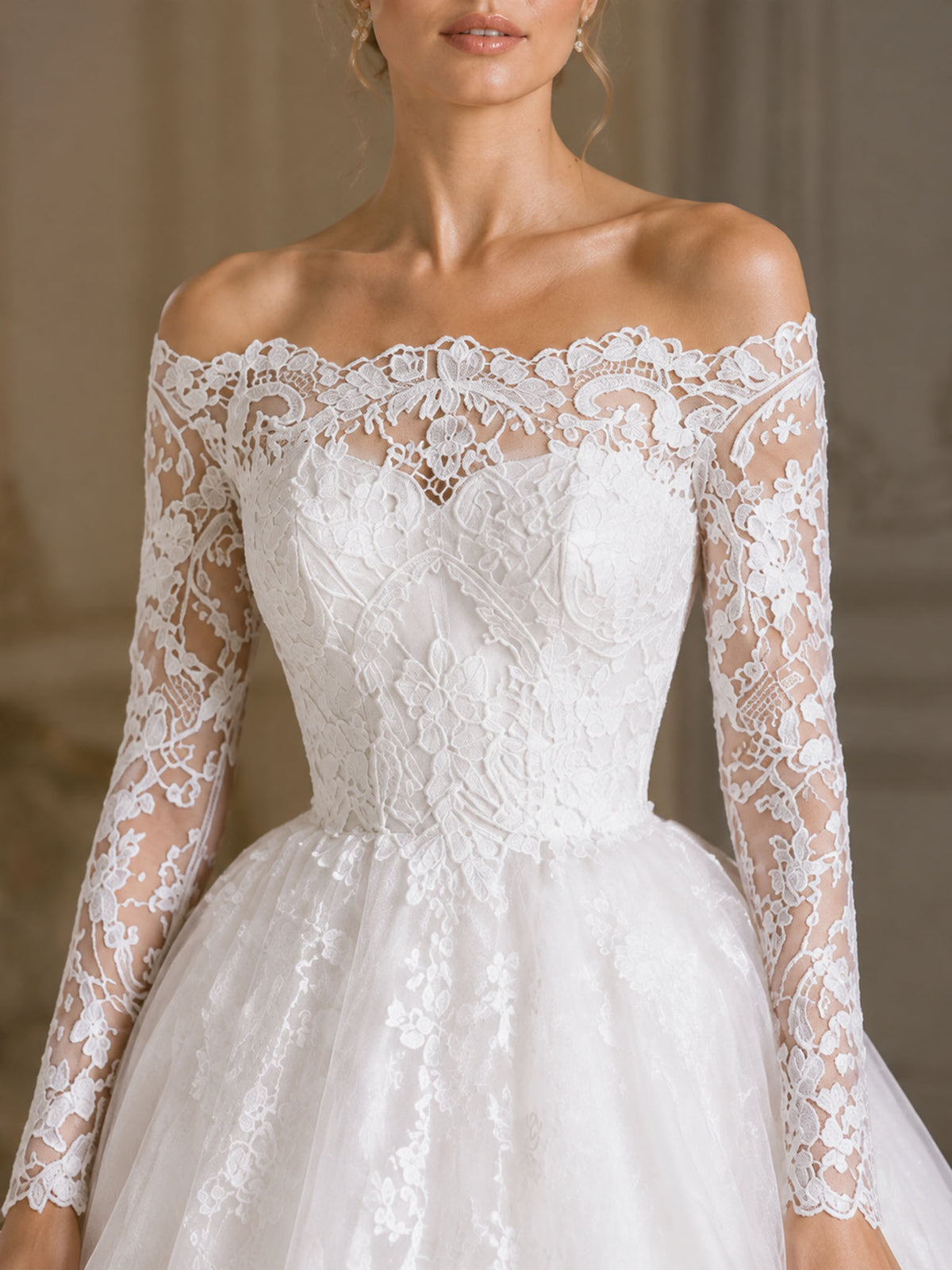 Long Sleeve Lace Wedding Dress for Women Sweep Train