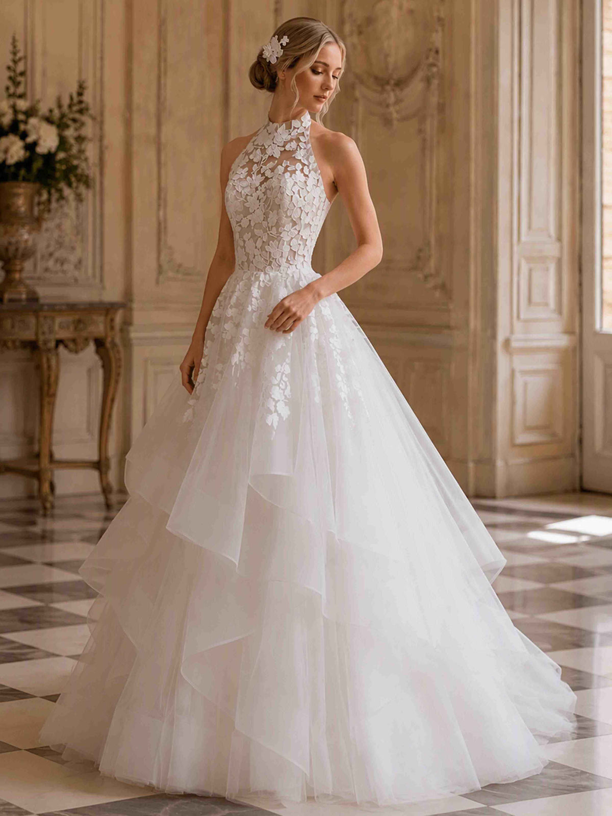 Halter Neck Lace Wedding Dress Tiered Puffy Bridal Gown