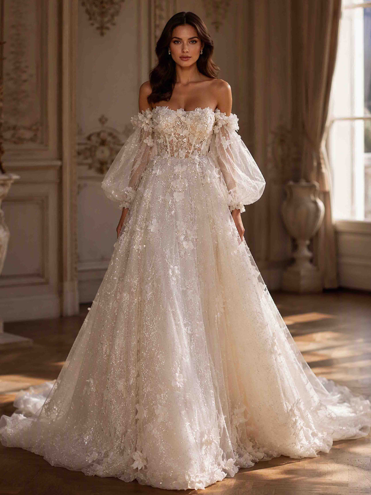 Off The Shoulder Long Sleeve Ball Gown 3D Flower Wedding Dress with Train