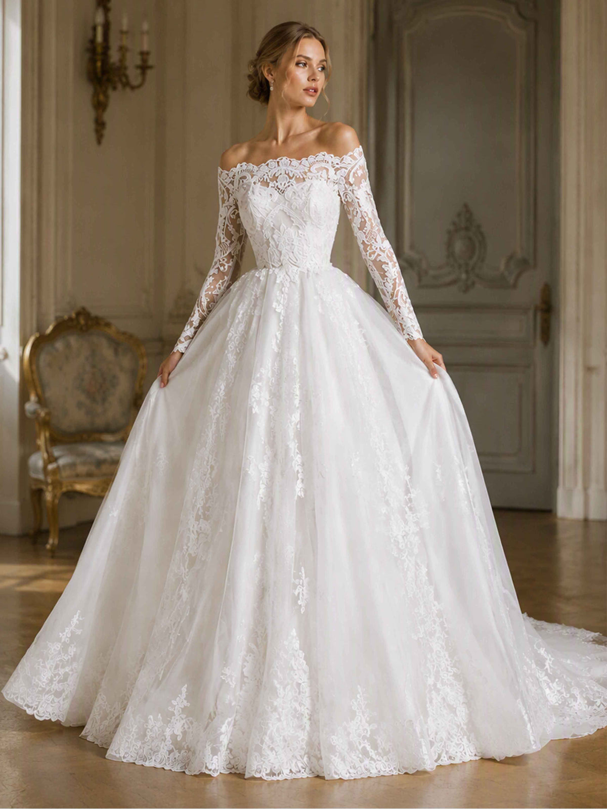 Long Sleeve Lace Wedding Dress for Women Sweep Train