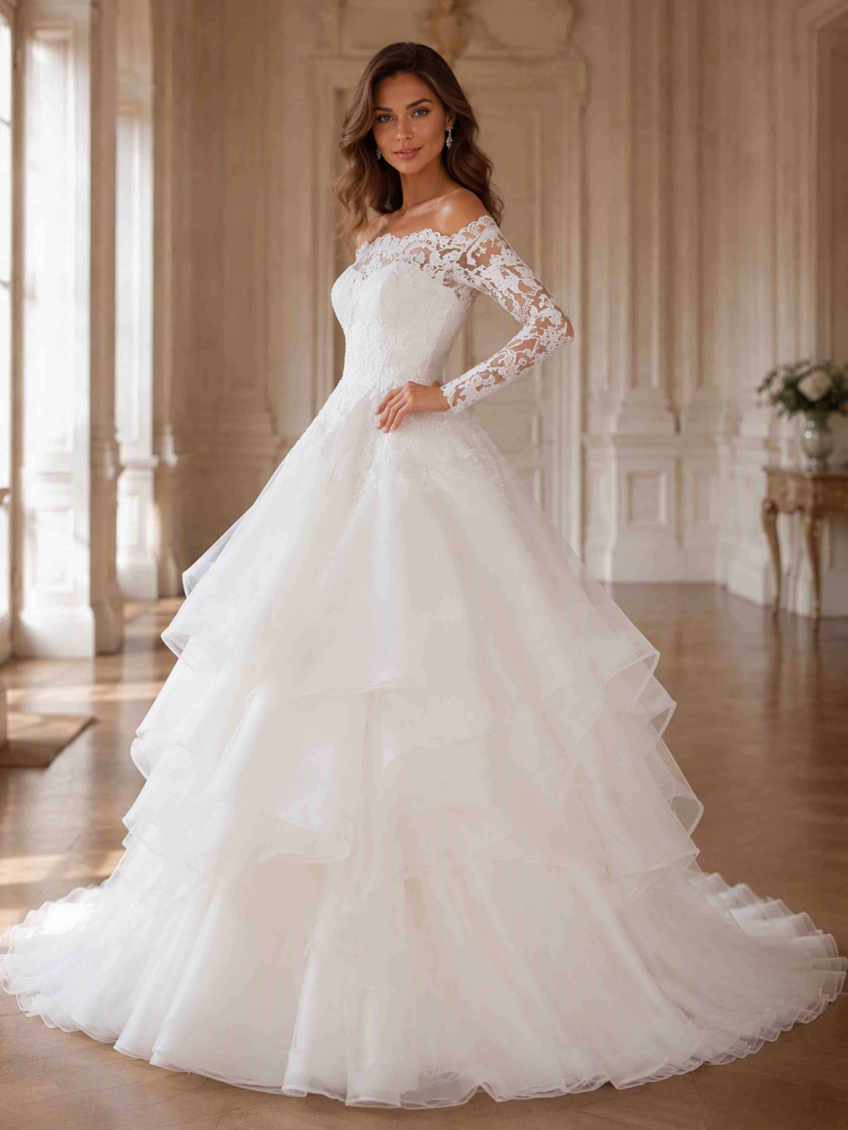 Off Shoulder Lace Wedding Dress Long Sleeve Tiered Bridal Gown