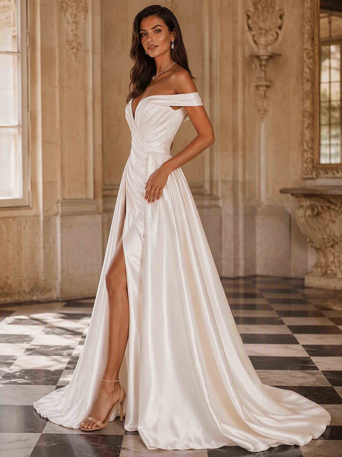Satin Off The Shoulder Wedding Dress Side Slit Strapless Bridal Gown