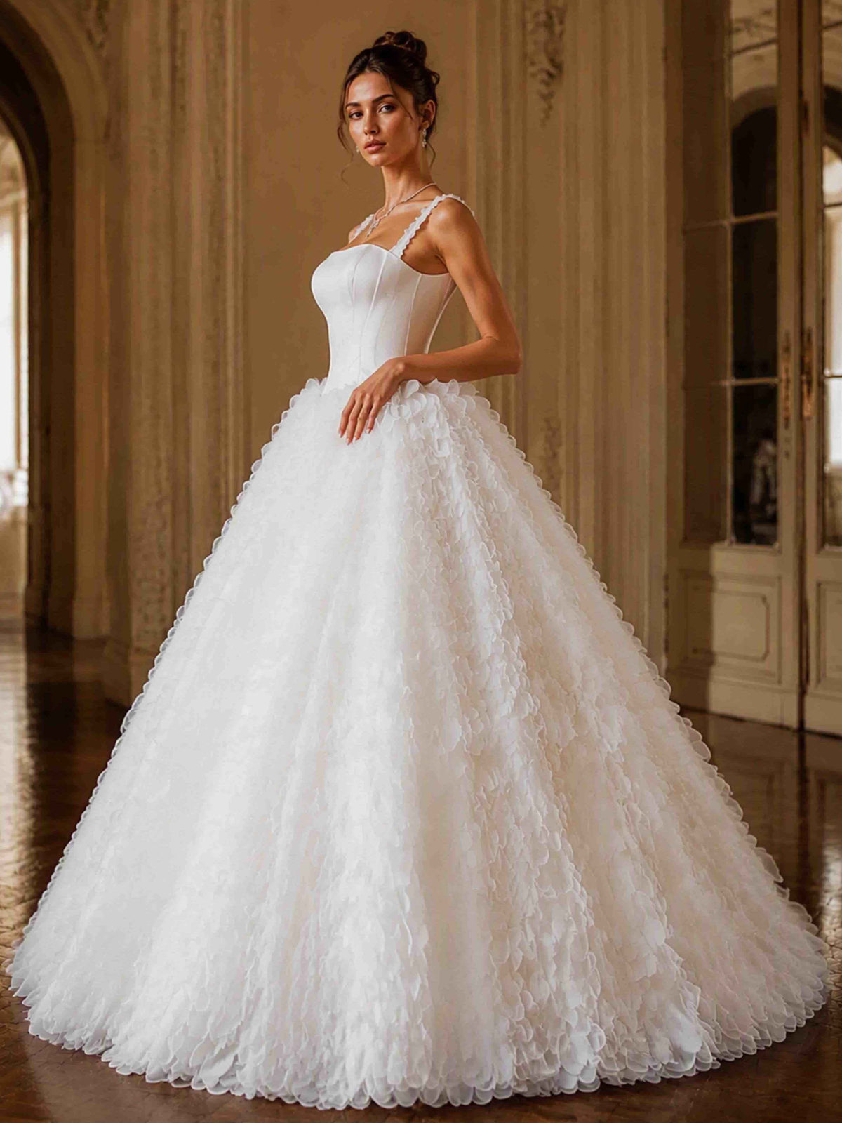Satin Square Neck Wedding Dress 3D Flower Ball Gown Bridal Gown