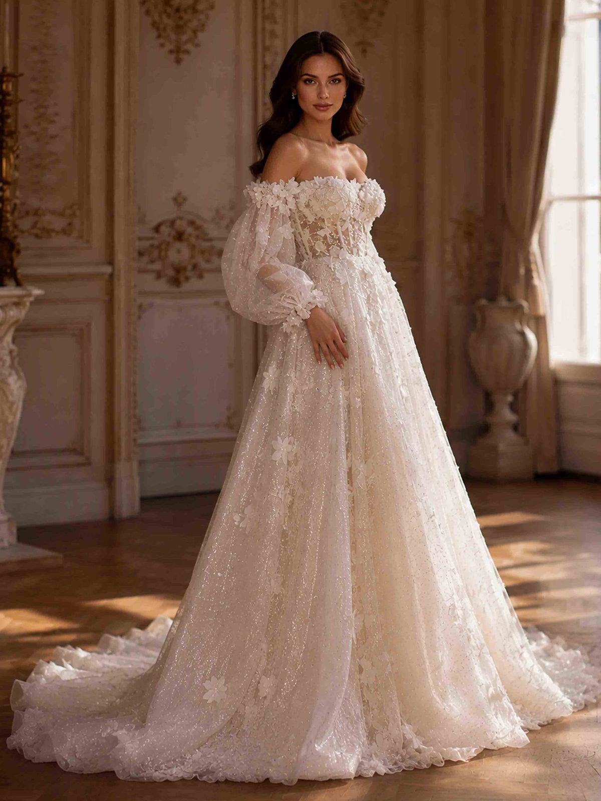 Off The Shoulder Long Sleeve Ball Gown 3D Flower Wedding Dress with Train