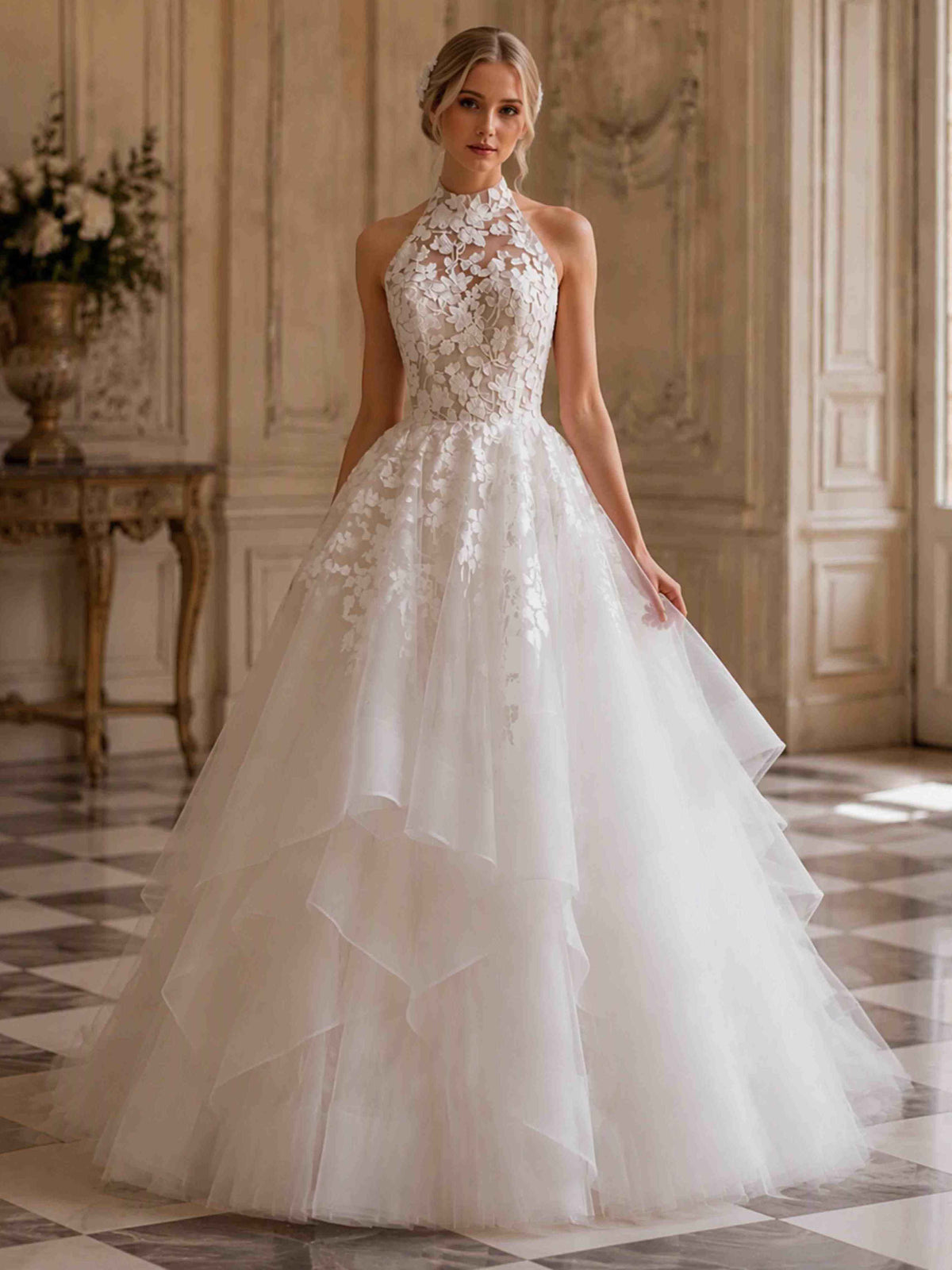 Halter Neck Lace Wedding Dress Tiered Puffy Bridal Gown
