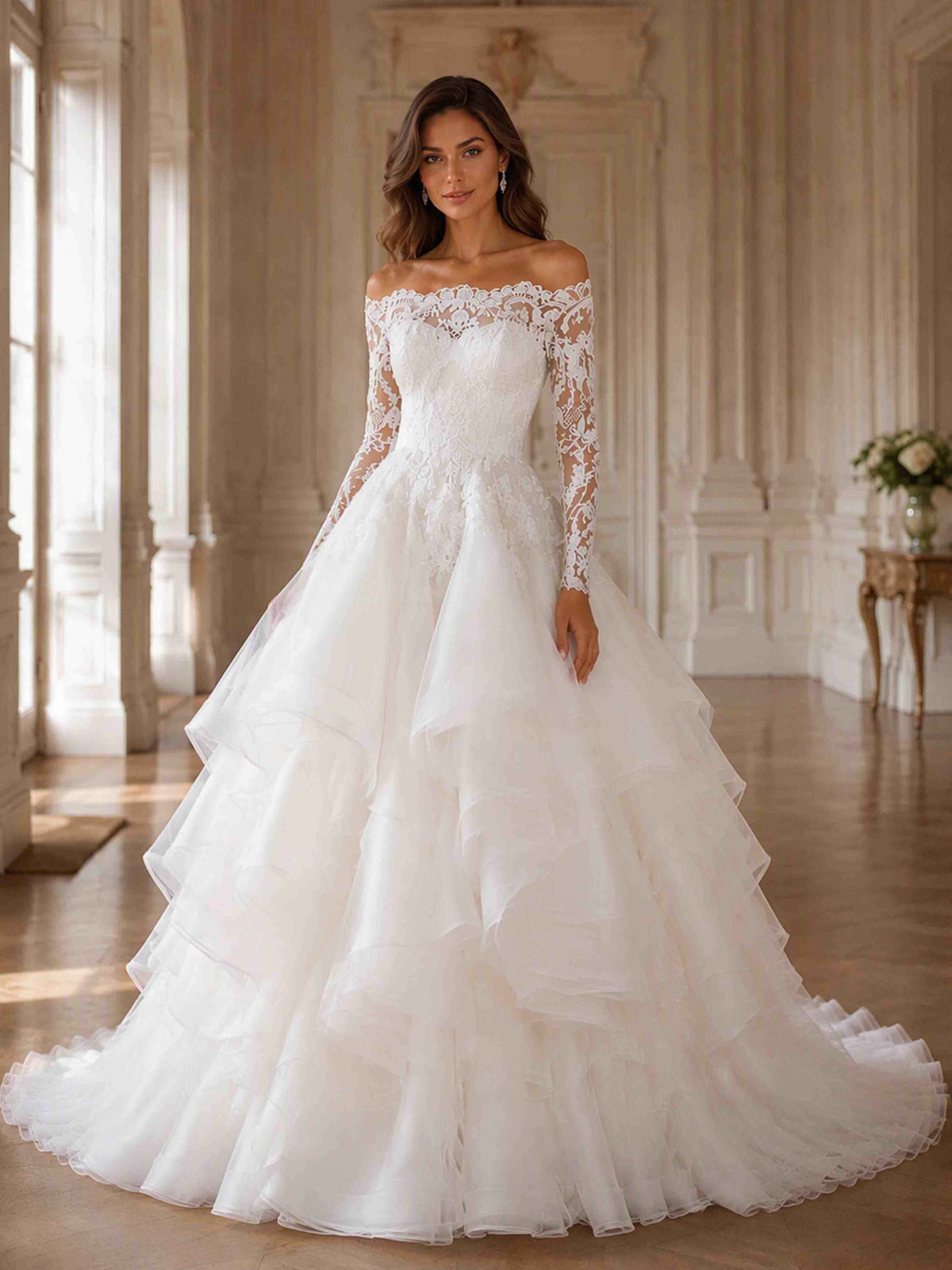 Off Shoulder Lace Wedding Dress Long Sleeve Tiered Bridal Gown