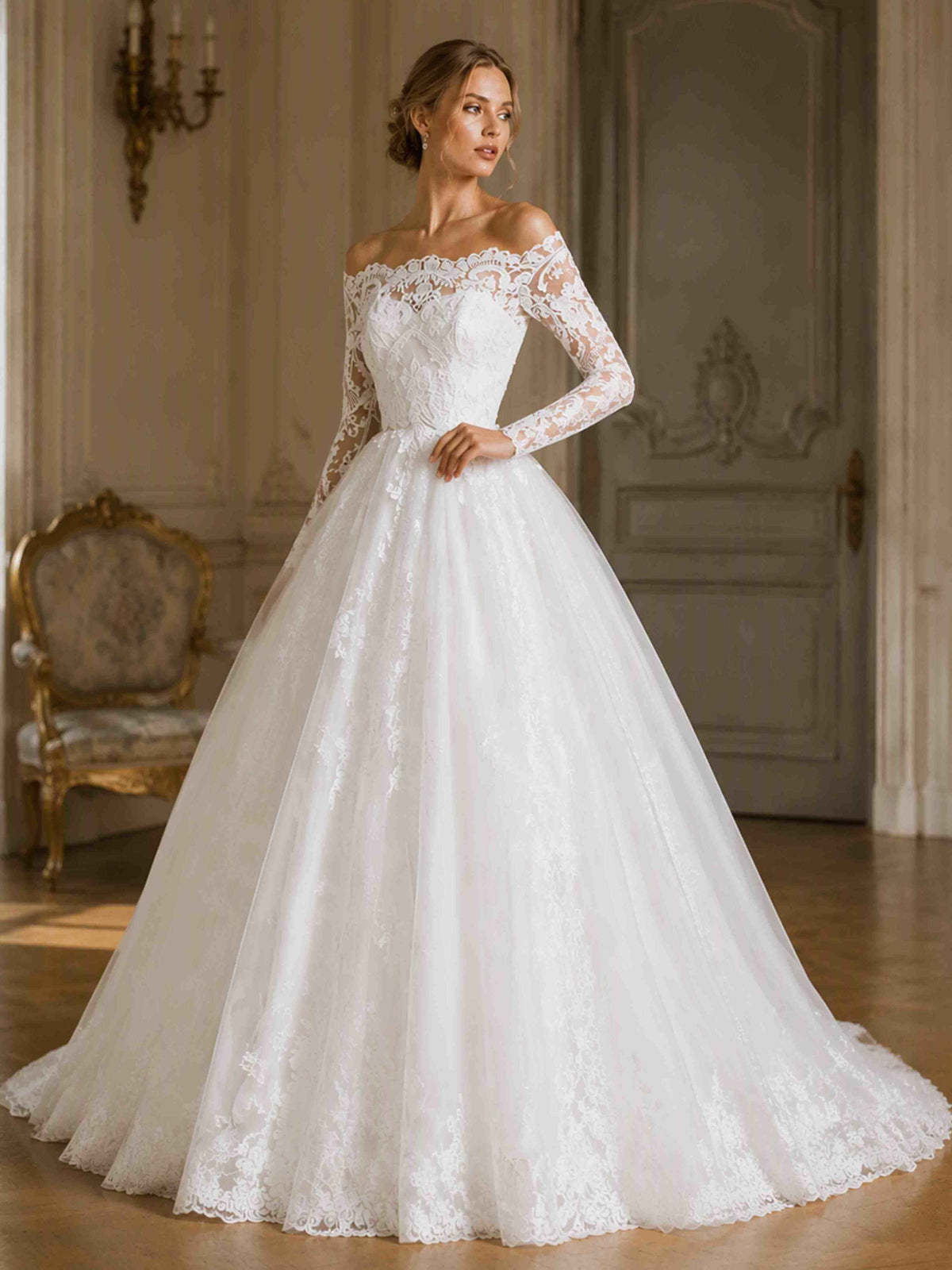 Long Sleeve Lace Wedding Dress for Women Sweep Train