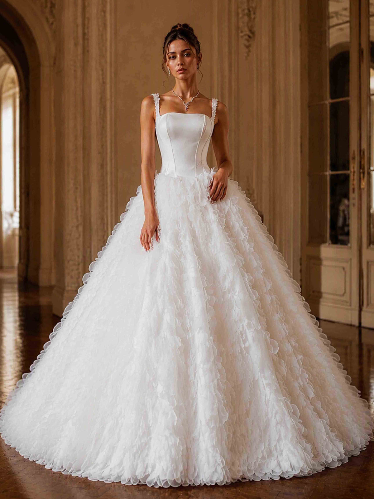 Satin Square Neck Wedding Dress 3D Flower Ball Gown Bridal Gown